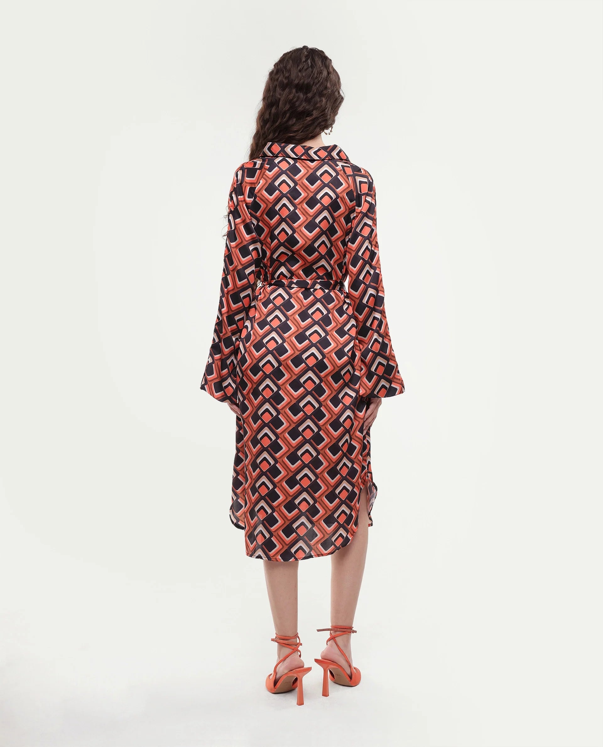 Rareism Women's Zwerg Orange Polyester Spread Collar Geometric Print Raglan Sleeve Knee Length Regular Fit Dress