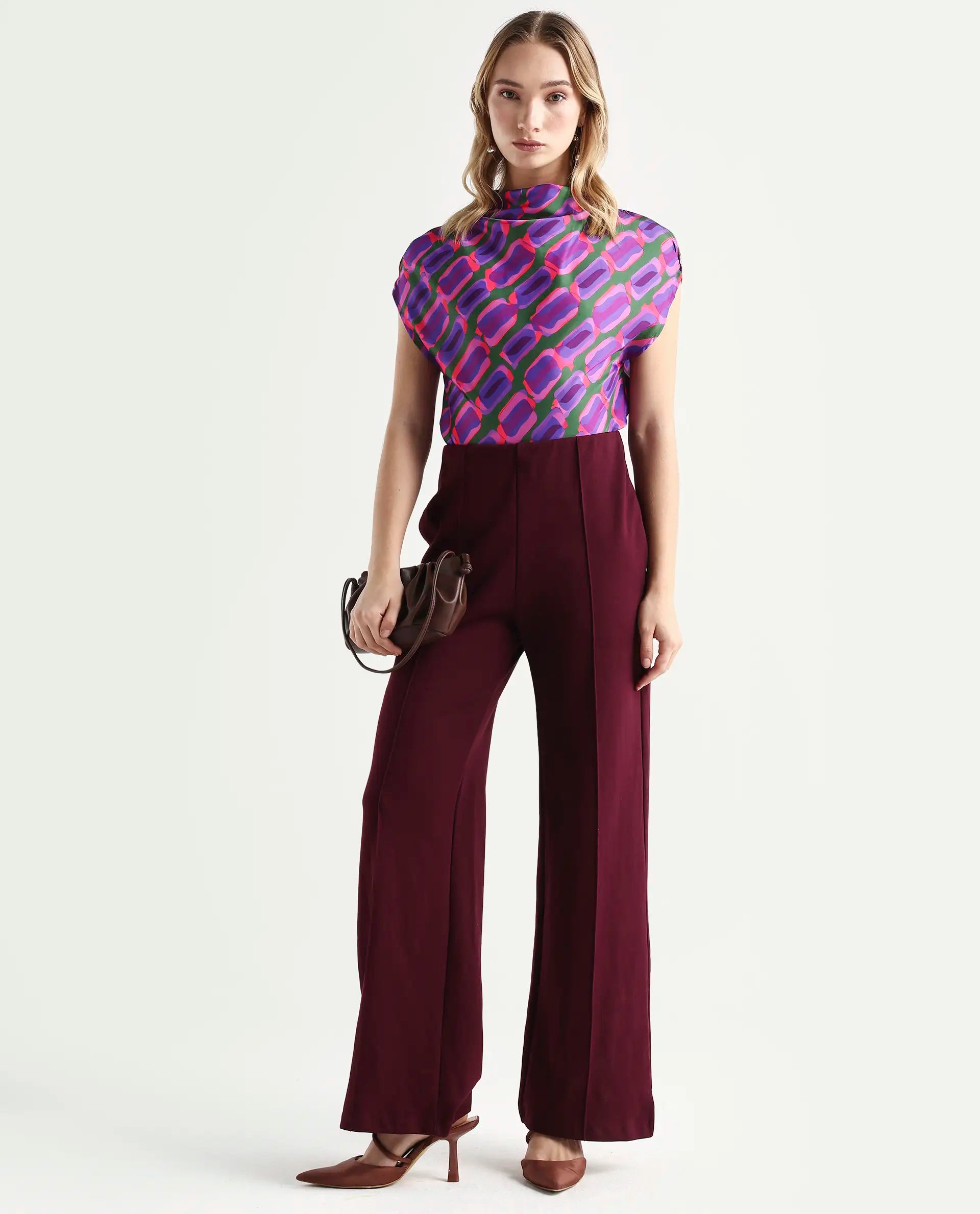 Rareism Women's Jagsan Purple Polyester Cowl Neck Abstract Print Extended Sleeves Relaxed Fit Top