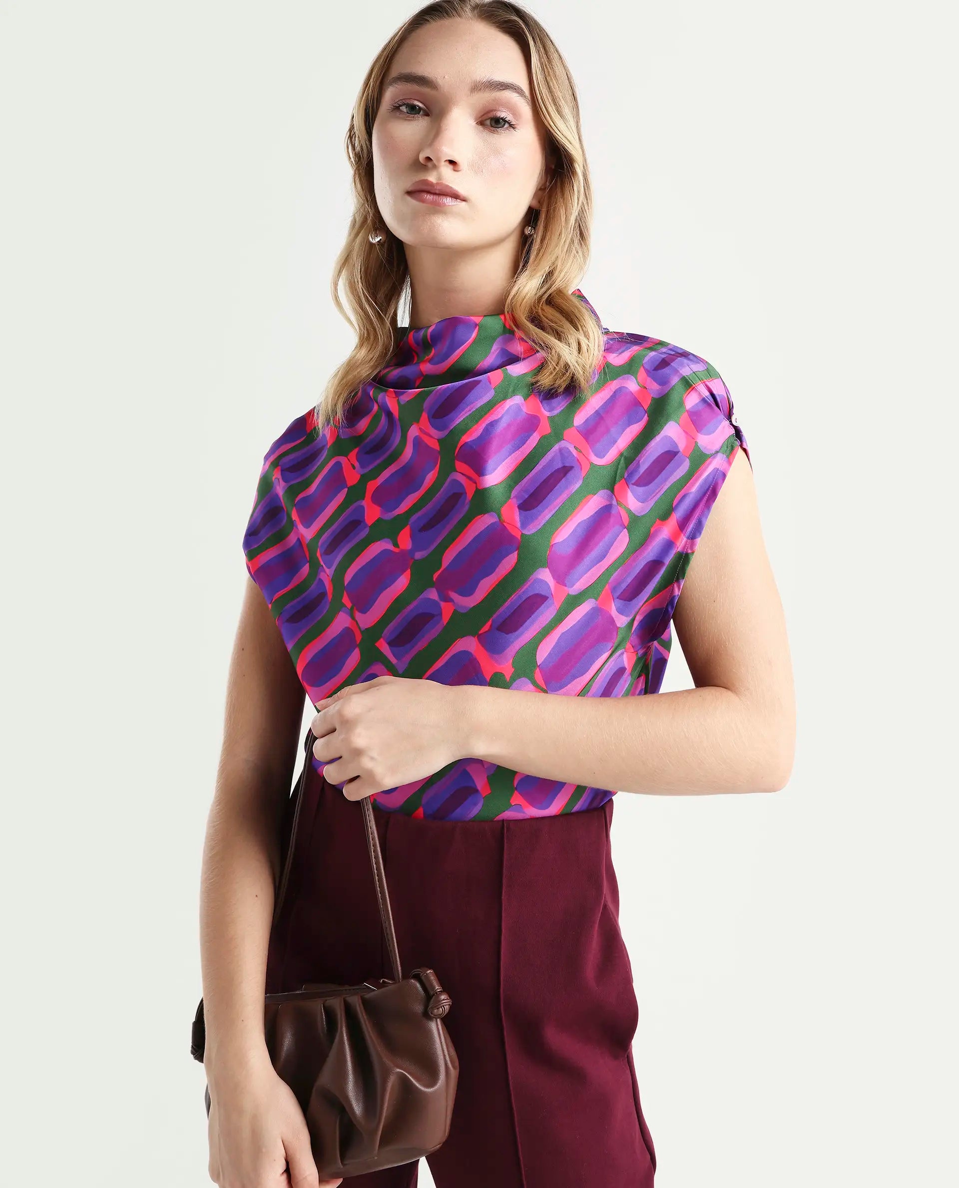 Rareism Women's Jagsan Purple Polyester Cowl Neck Abstract Print Extended Sleeves Relaxed Fit Top