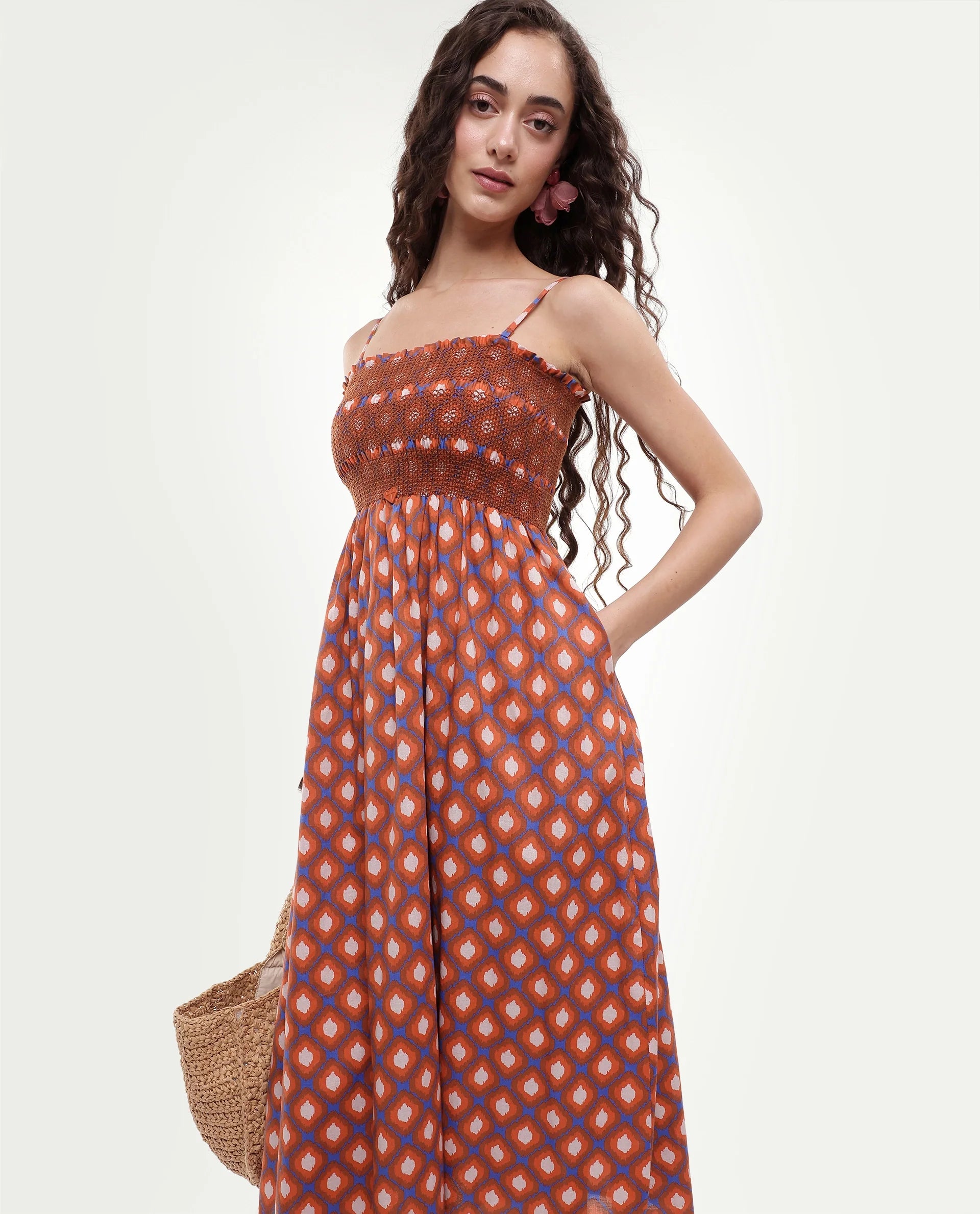 Rareism Women's Stewart Multi Cotton Shoulder Strap Geometric Print Shoulder Strap Midi Fit And Flare Dress