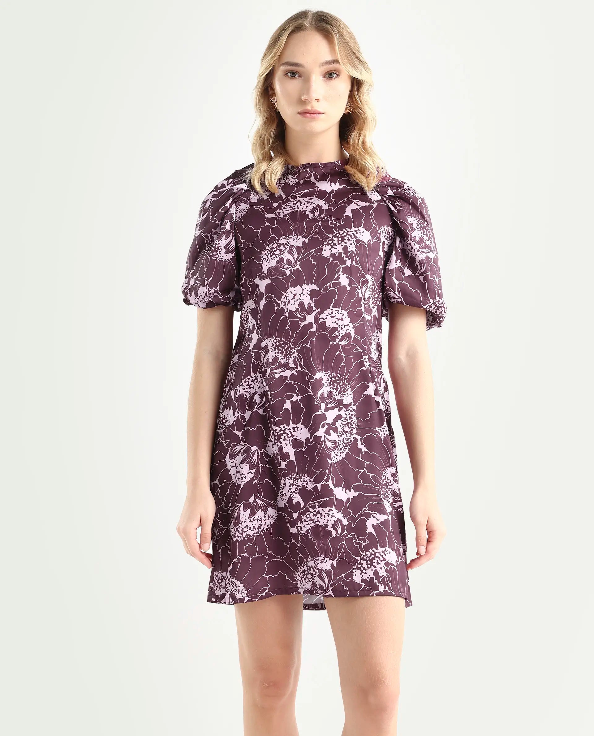Rareism Women's Christie Dark Maroon Polyester Crew Neck Floral Print Puff Sleeves Mini Slim Fit Dress