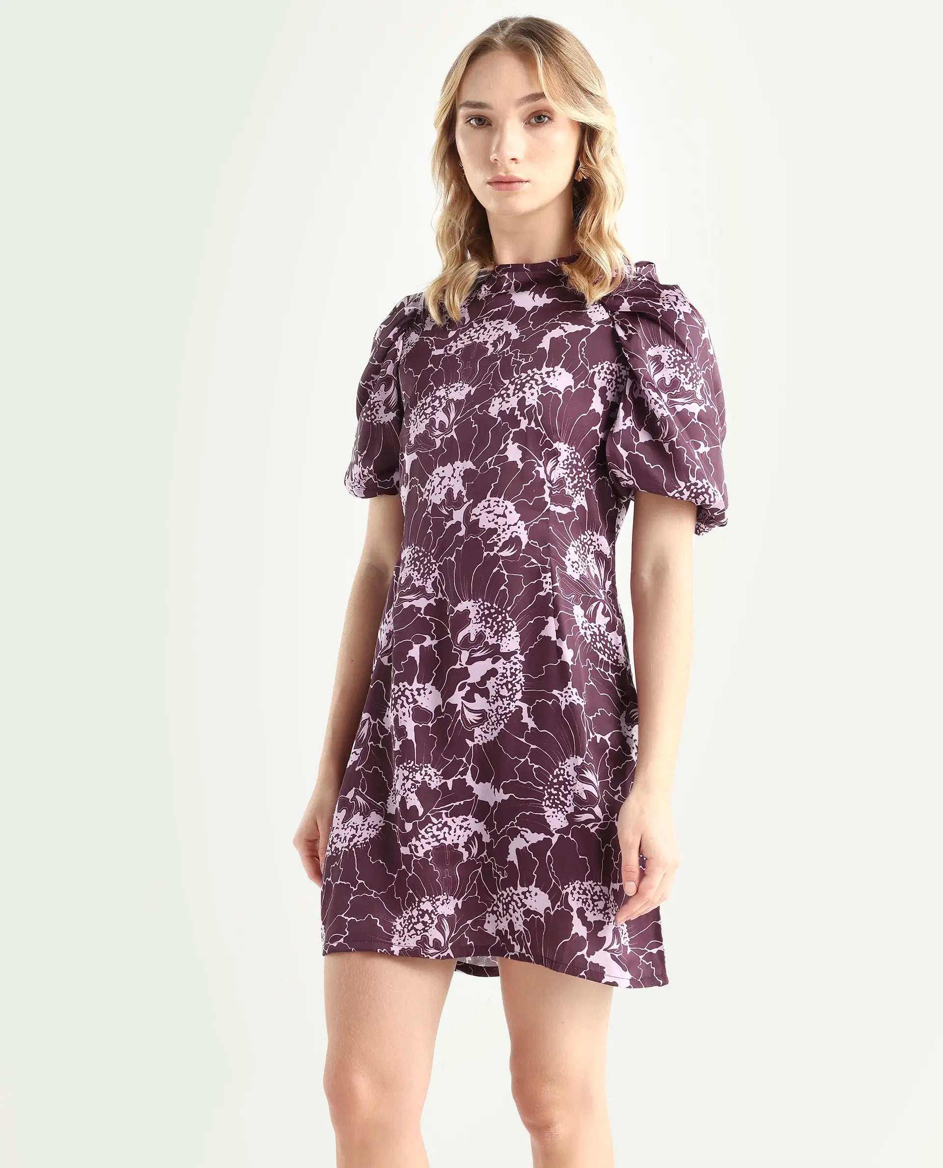 Rareism Women's Christie Dark Maroon Polyester Crew Neck Floral Print Puff Sleeves Mini Slim Fit Dress