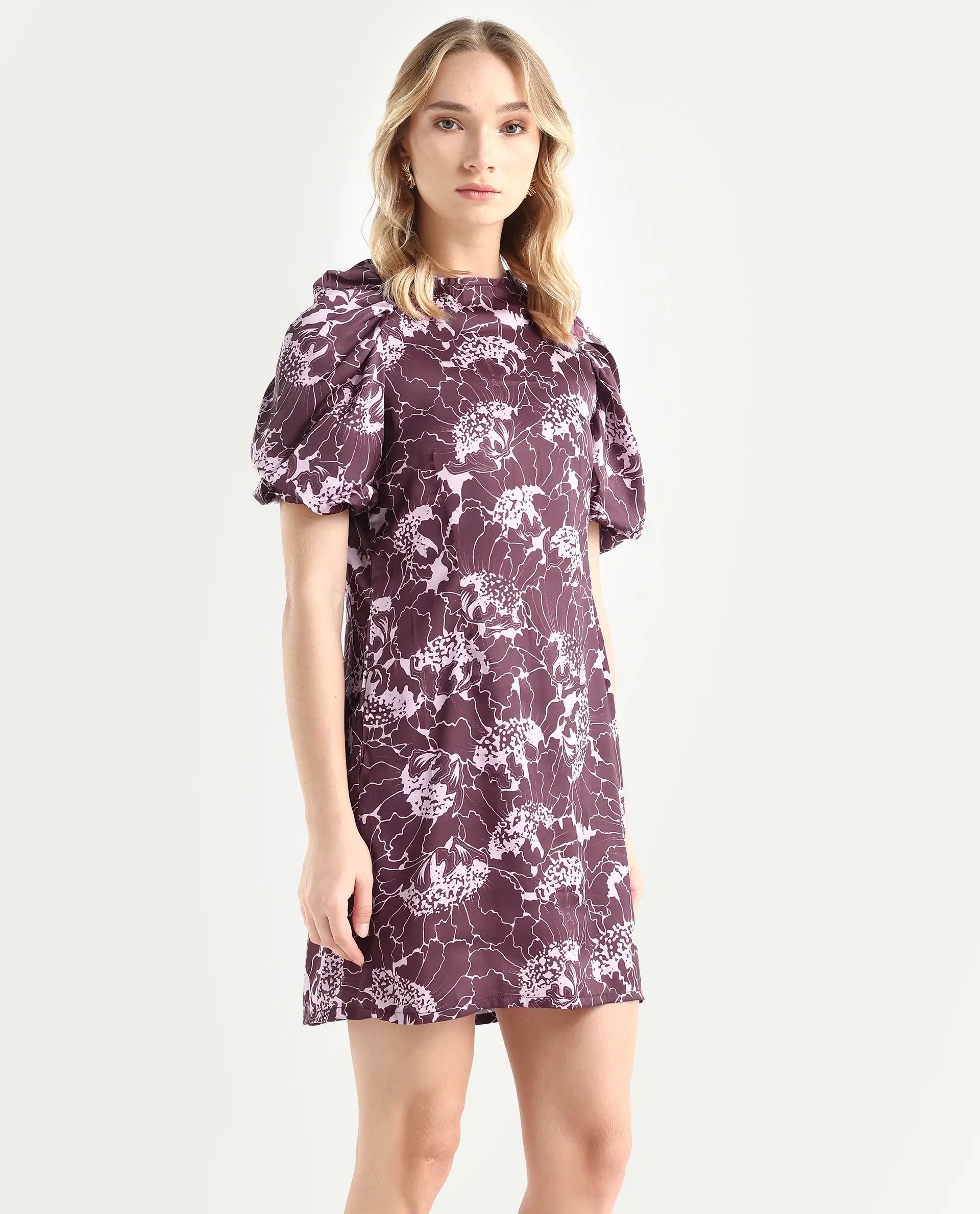 Rareism Women's Christie Dark Maroon Polyester Crew Neck Floral Print Puff Sleeves Mini Slim Fit Dress