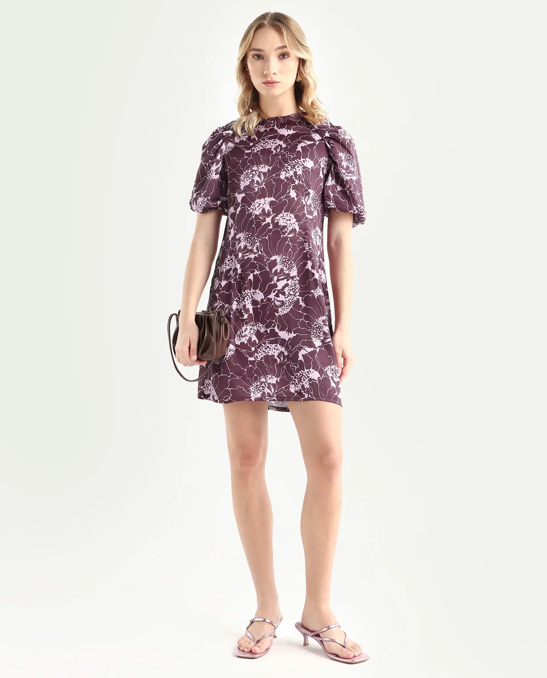 Rareism Women's Christie Dark Maroon Polyester Crew Neck Floral Print Puff Sleeves Mini Slim Fit Dress