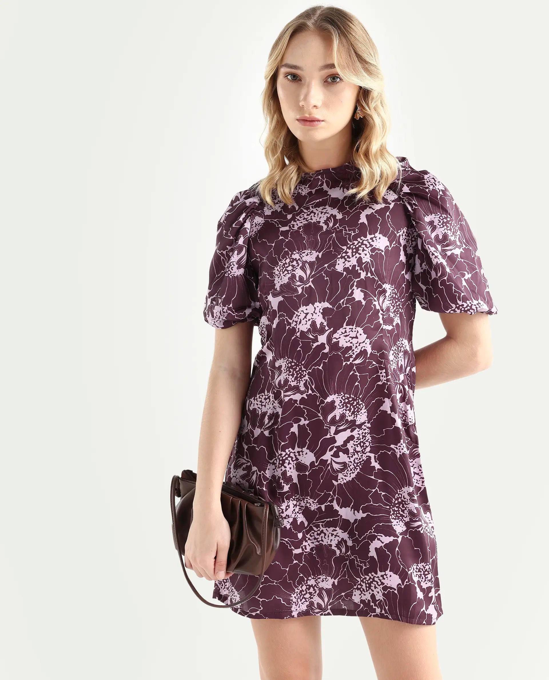 Rareism Women's Christie Dark Maroon Polyester Crew Neck Floral Print Puff Sleeves Mini Slim Fit Dress