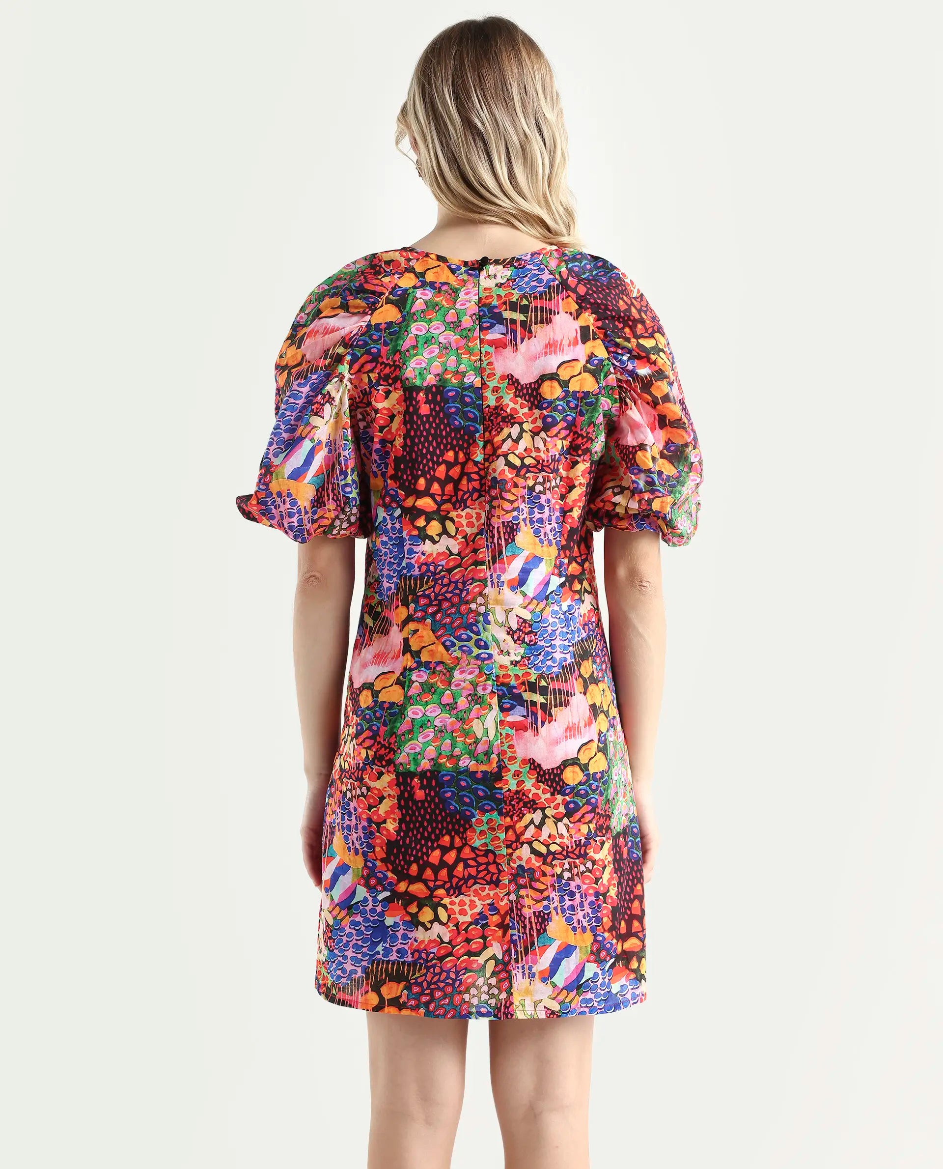 Rareism Women's Scott Multi Cotton Crew Neck Floral Print Puff Sleeves Mini Slim Fit Dress