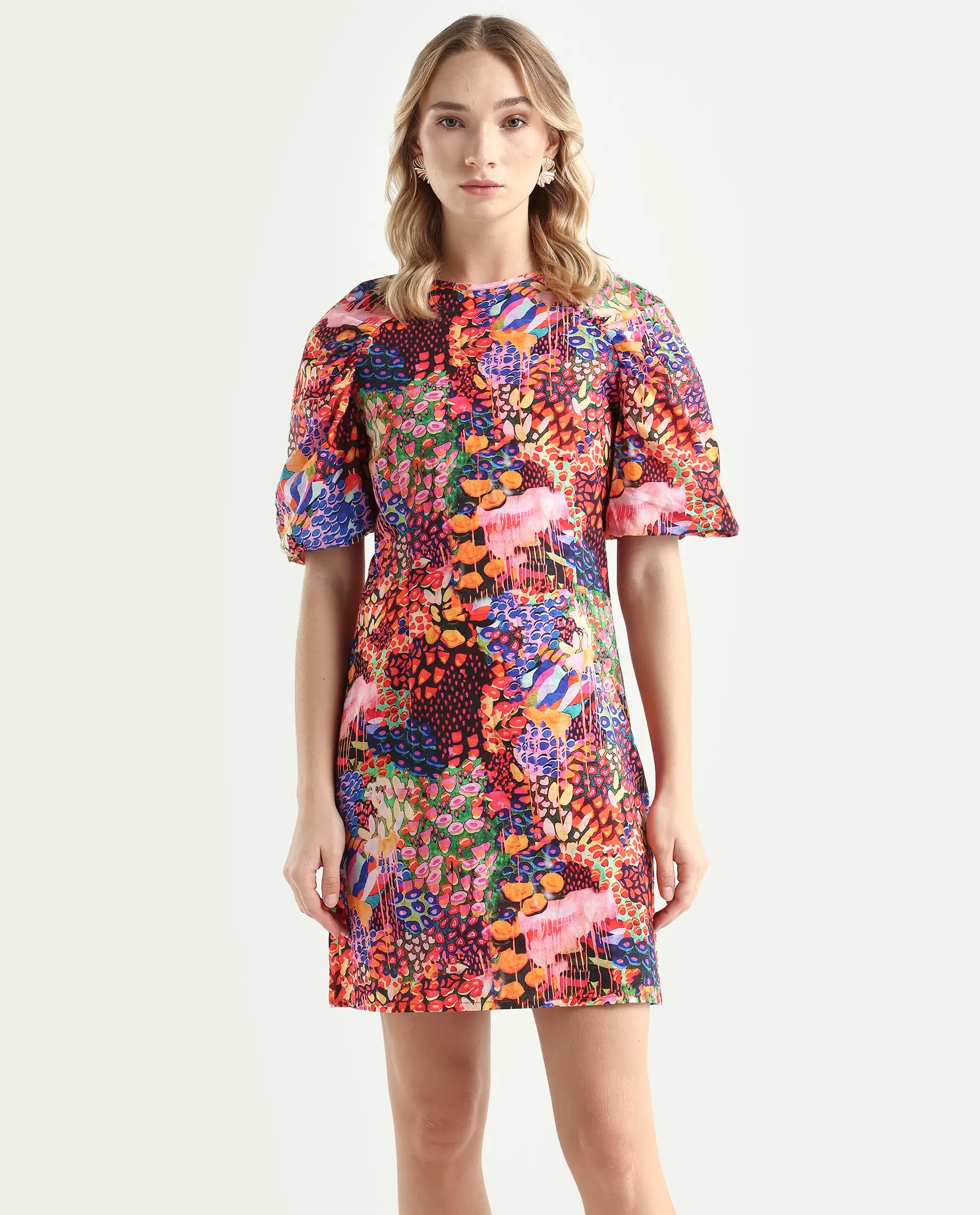 Rareism Women's Scott Multi Cotton Crew Neck Floral Print Puff Sleeves Mini Slim Fit Dress