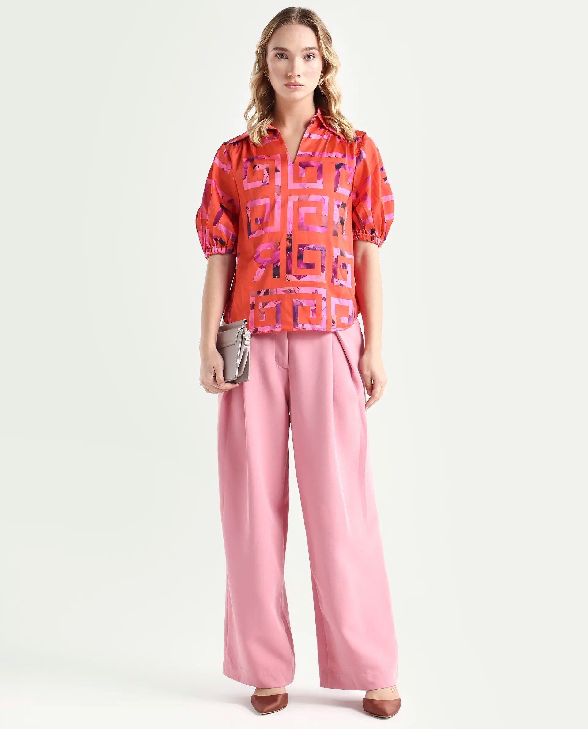 Rareism Women's Mclean Pink Polyester Spread Collar Geometric Print Regular Fit Shrug