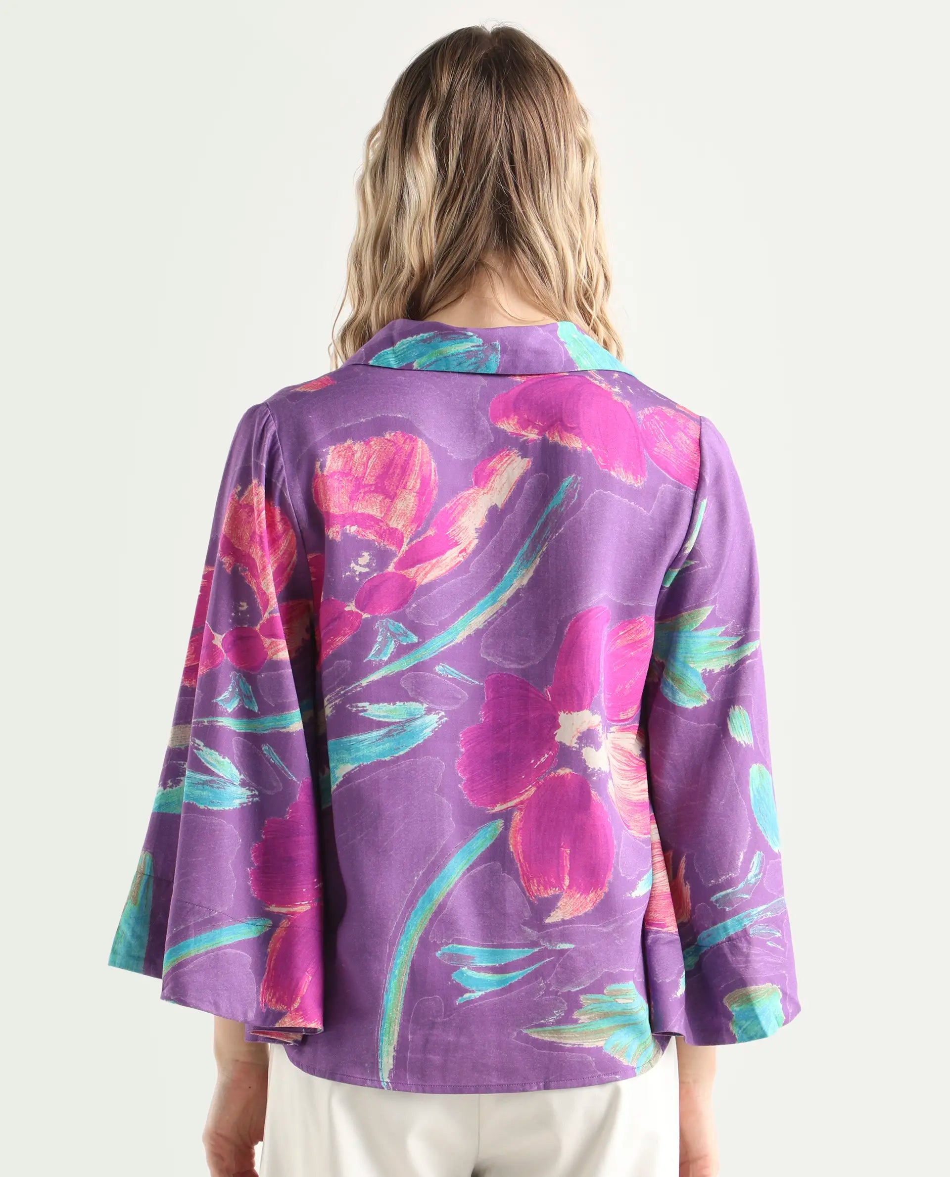 Rareism Women's Ferguson Light Purple Cotton Spread Collar Abstract Print Flared Sleeve Tailored Top