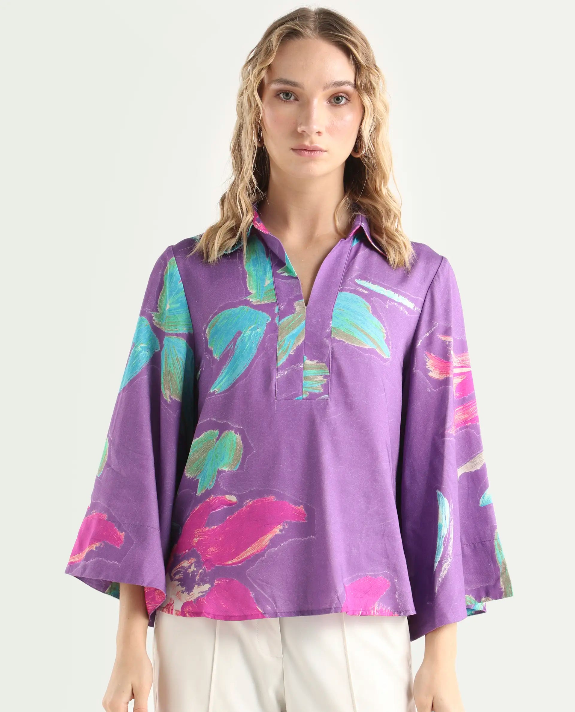 Rareism Women's Ferguson Light Purple Cotton Spread Collar Abstract Print Flared Sleeve Tailored Top