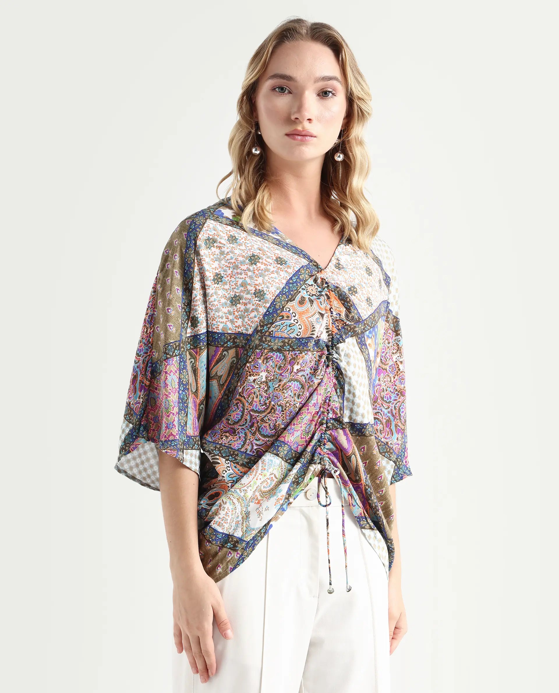 Rareism Women's Leoda Multi Viscose V-Neck Abstract Print Flared Sleeve Relaxed Fit Top