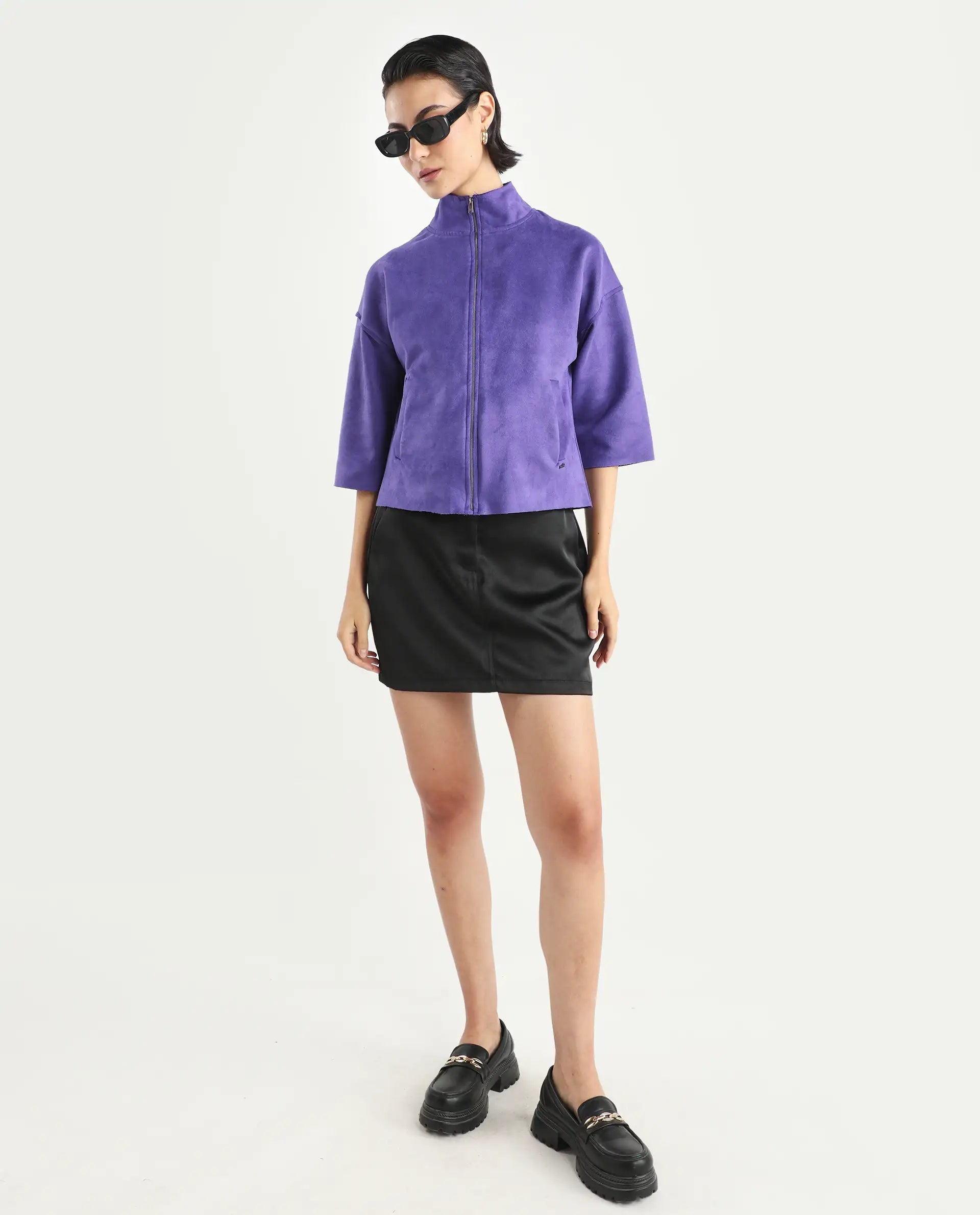 Rareism Women's Vasu 1 Purple Polyester Blend Mandarin Collar Plain Regular Fit Jacket