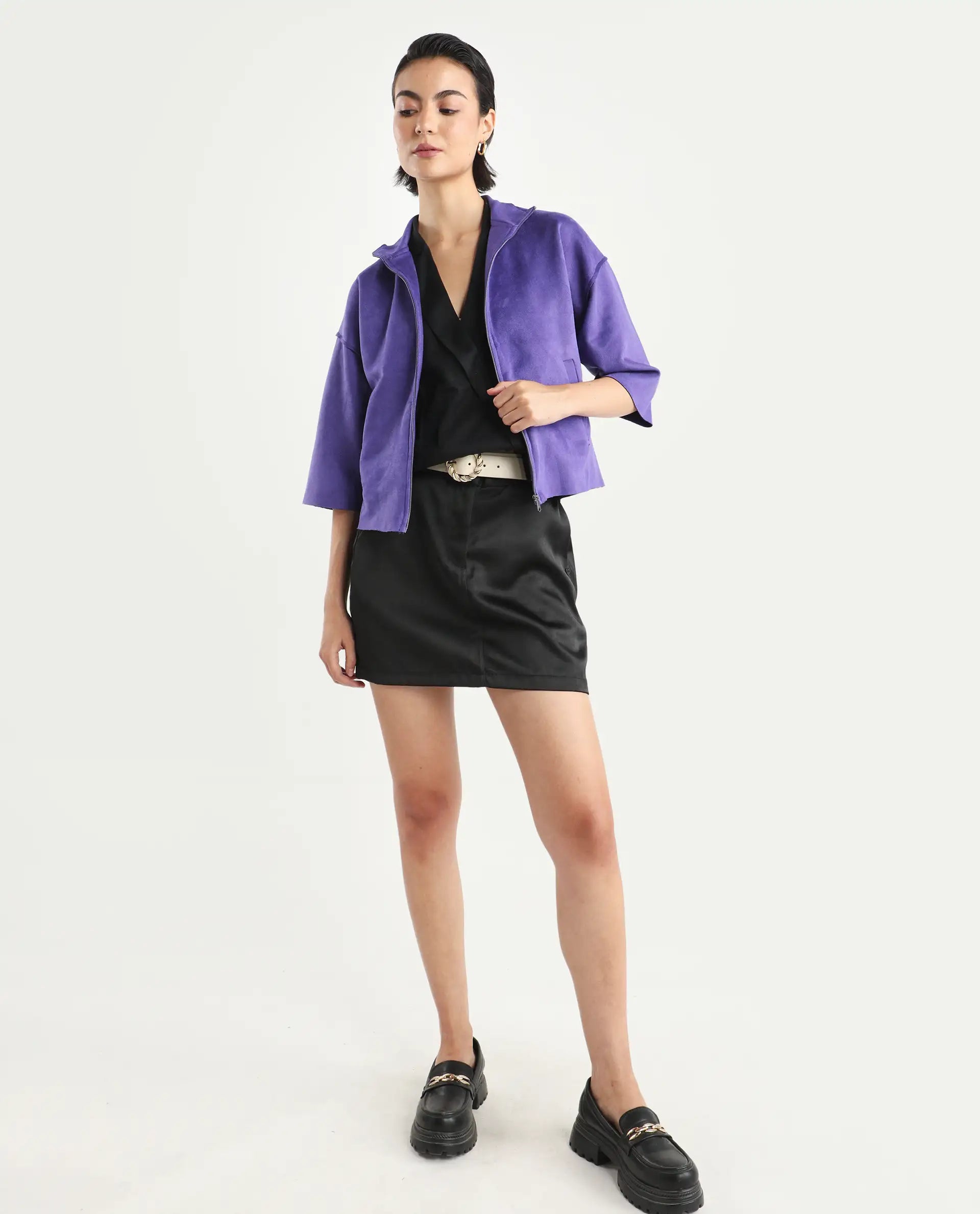 Rareism Women's Vasu 1 Purple Polyester Blend Mandarin Collar Plain Regular Fit Jacket