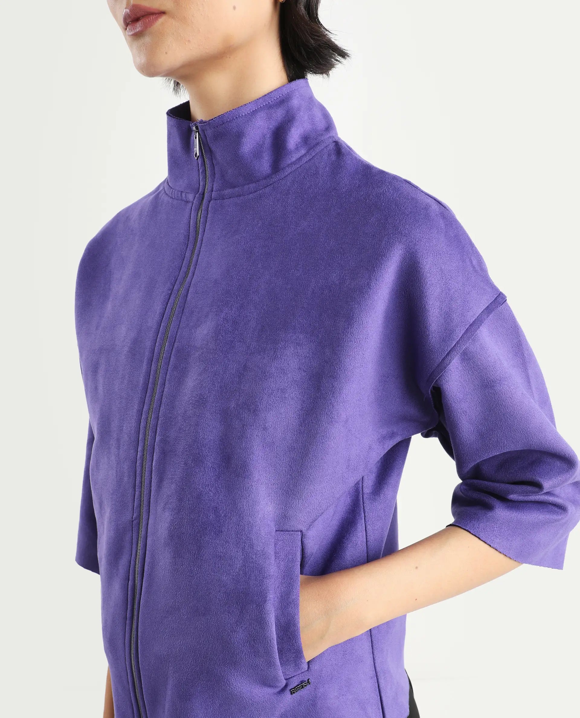 Rareism Women's Vasu 1 Purple Polyester Blend Mandarin Collar Plain Regular Fit Jacket