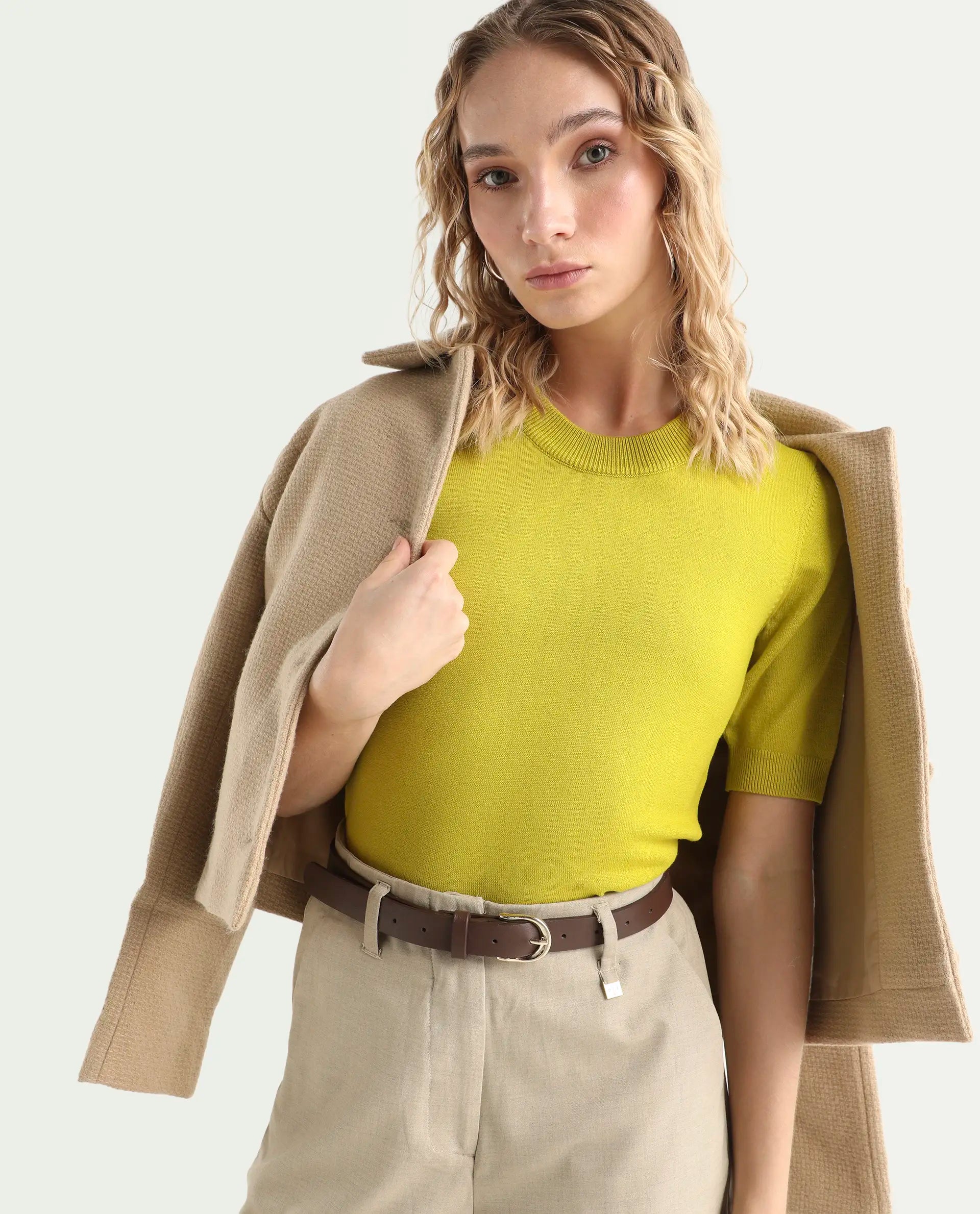 Rareism Women's Rohrdo Light Yellow Viscose Crew Neck Plain Regular Fit Sweater
