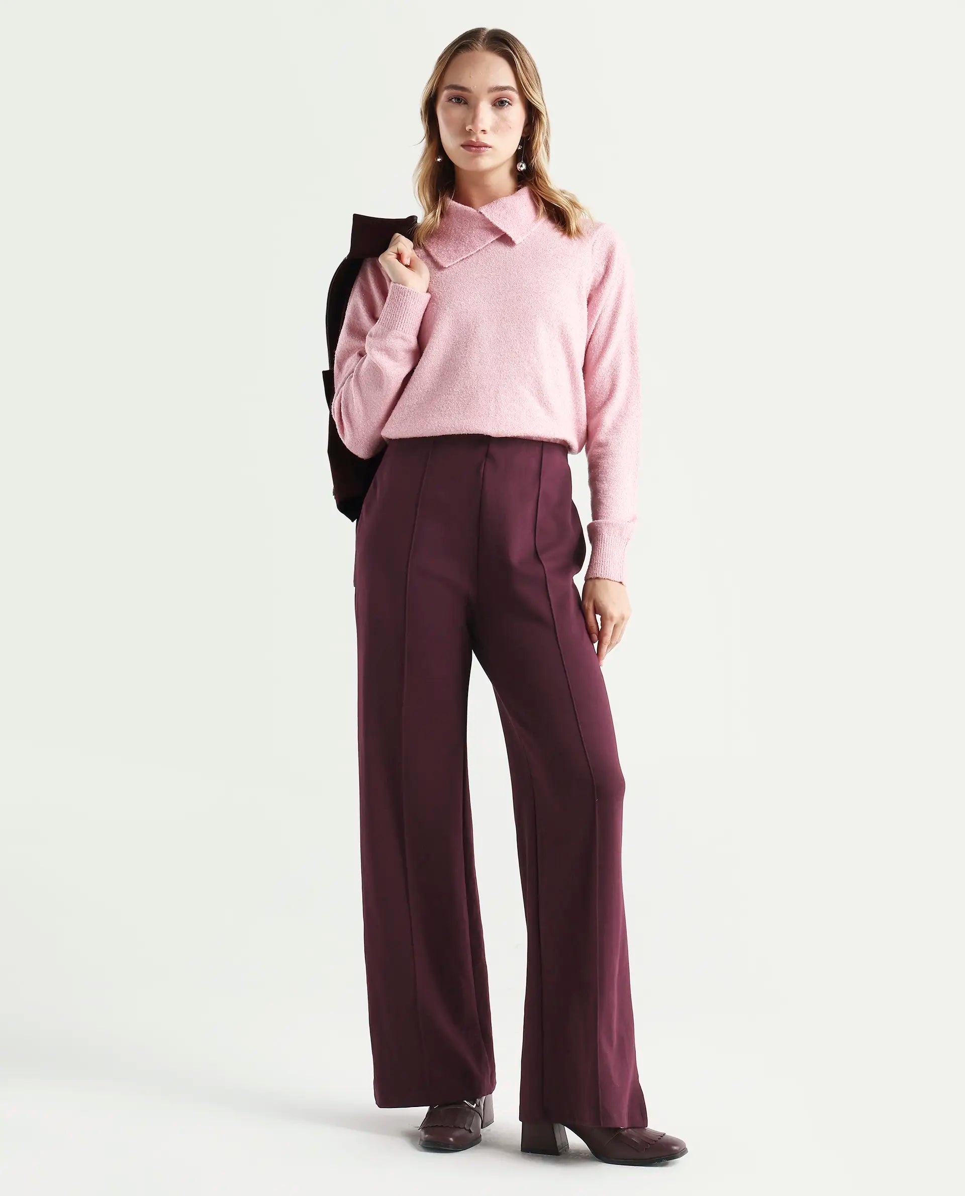 Rareism Women's Reni Pink Acrylic Overlap Neck Plain Regular Fit Sweater