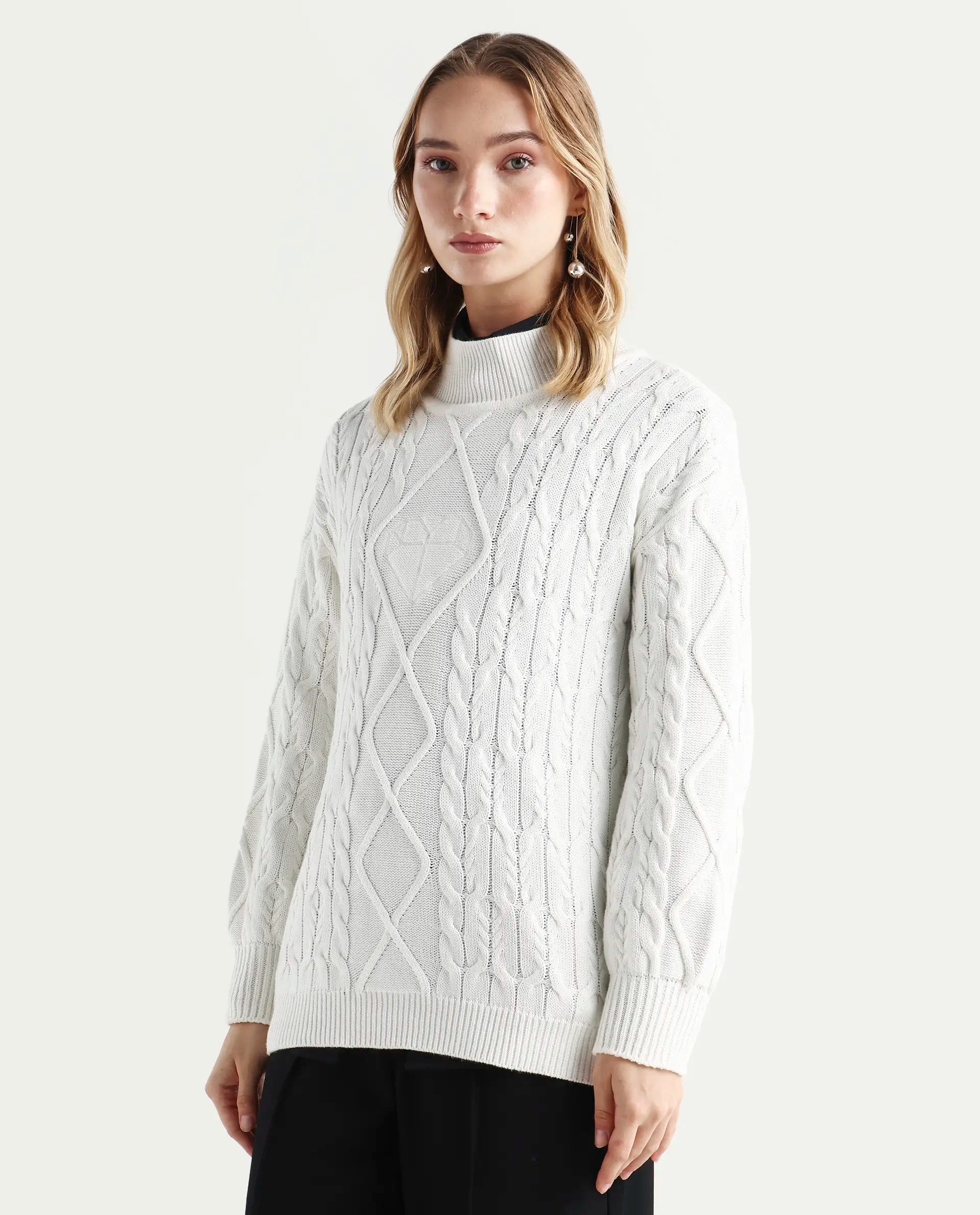 Rareism Women's Allen Off White Cotton Turtle Neck Plain Regular Fit Sweater