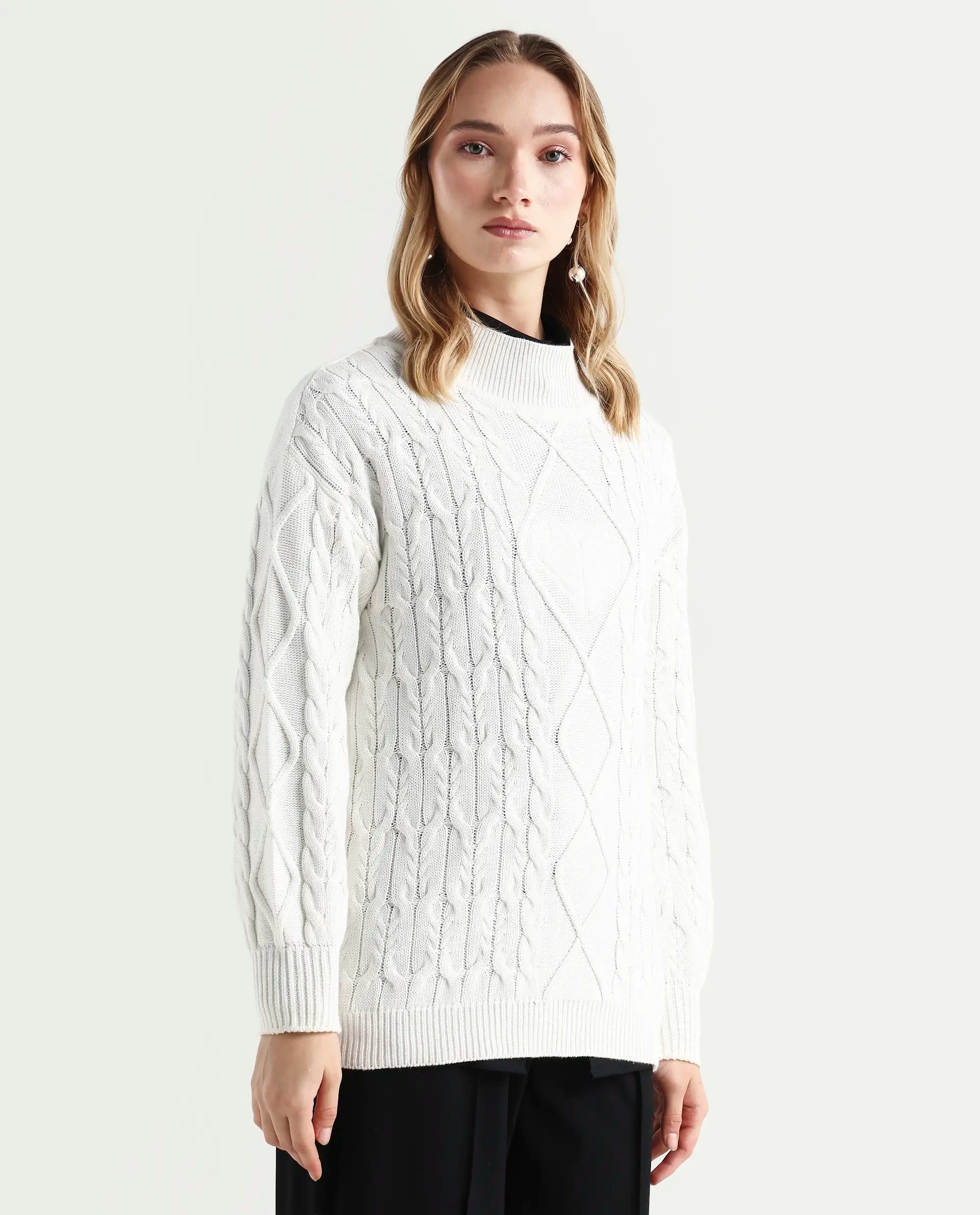 Rareism Women's Allen Off White Cotton Turtle Neck Plain Regular Fit Sweater