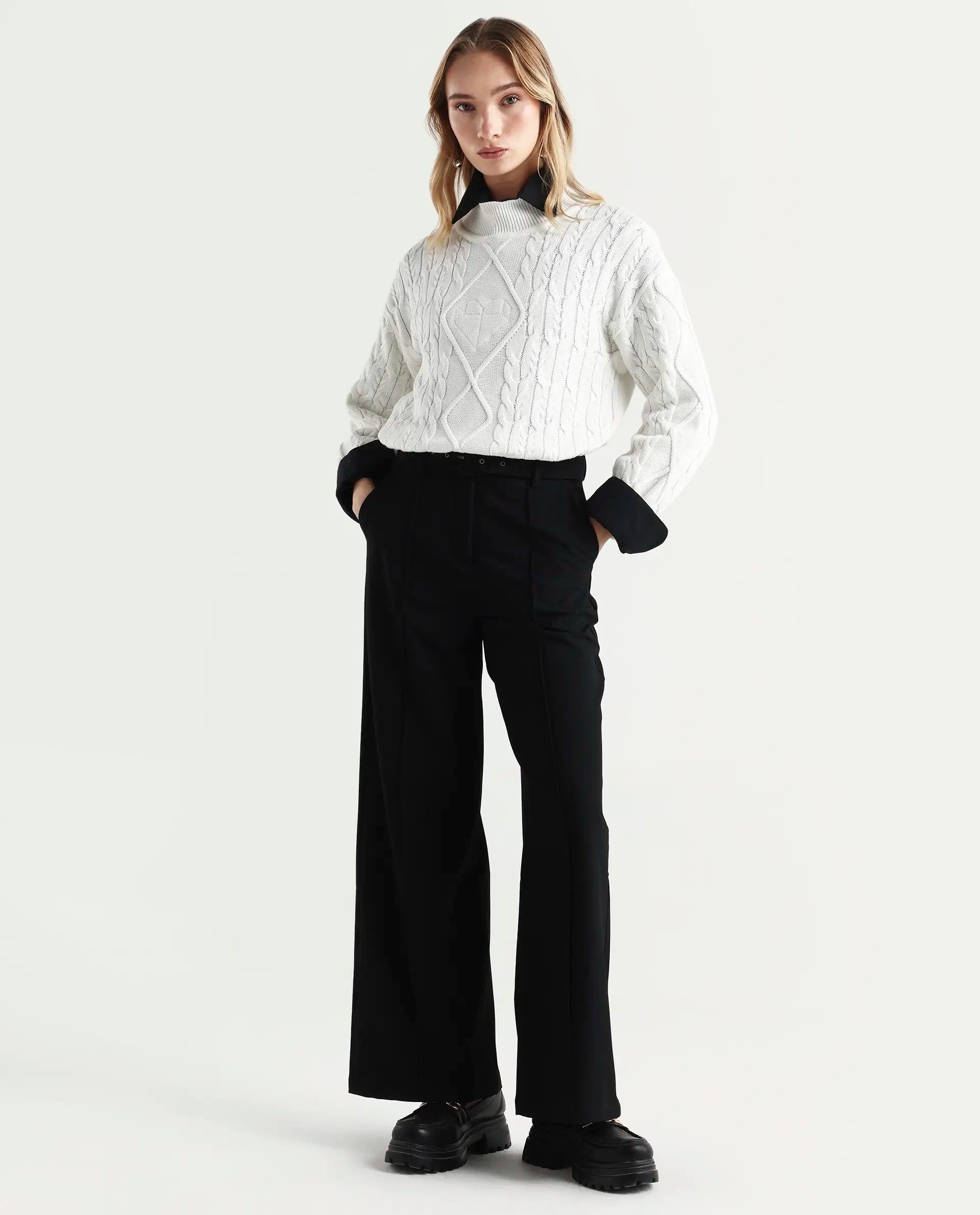 Rareism Women's Allen Off White Cotton Turtle Neck Plain Regular Fit Sweater