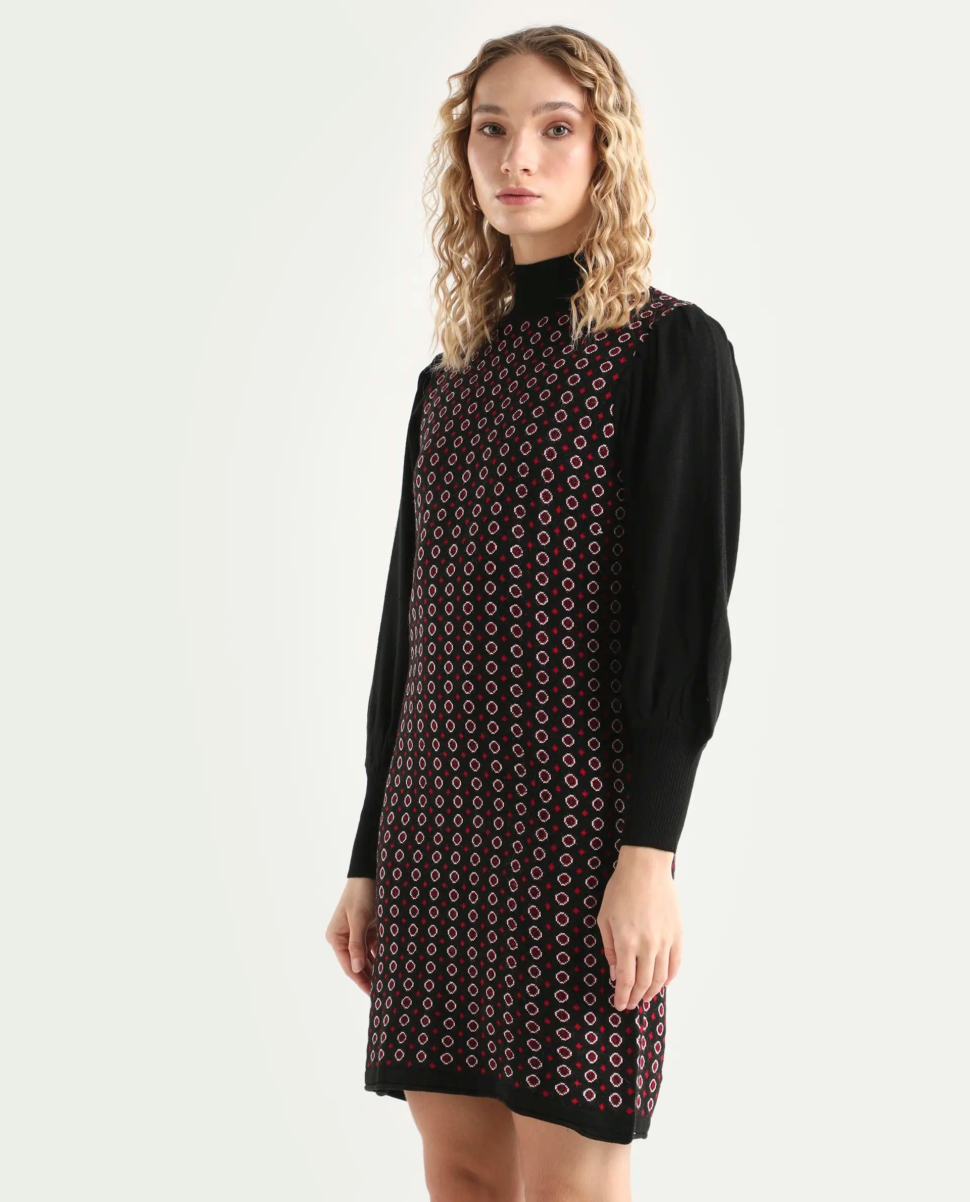 Rareism Women's Web 2 Black Acrylic High Neck Geometric Print Bishop Sleeve Knee Length Regular Fit Sweater