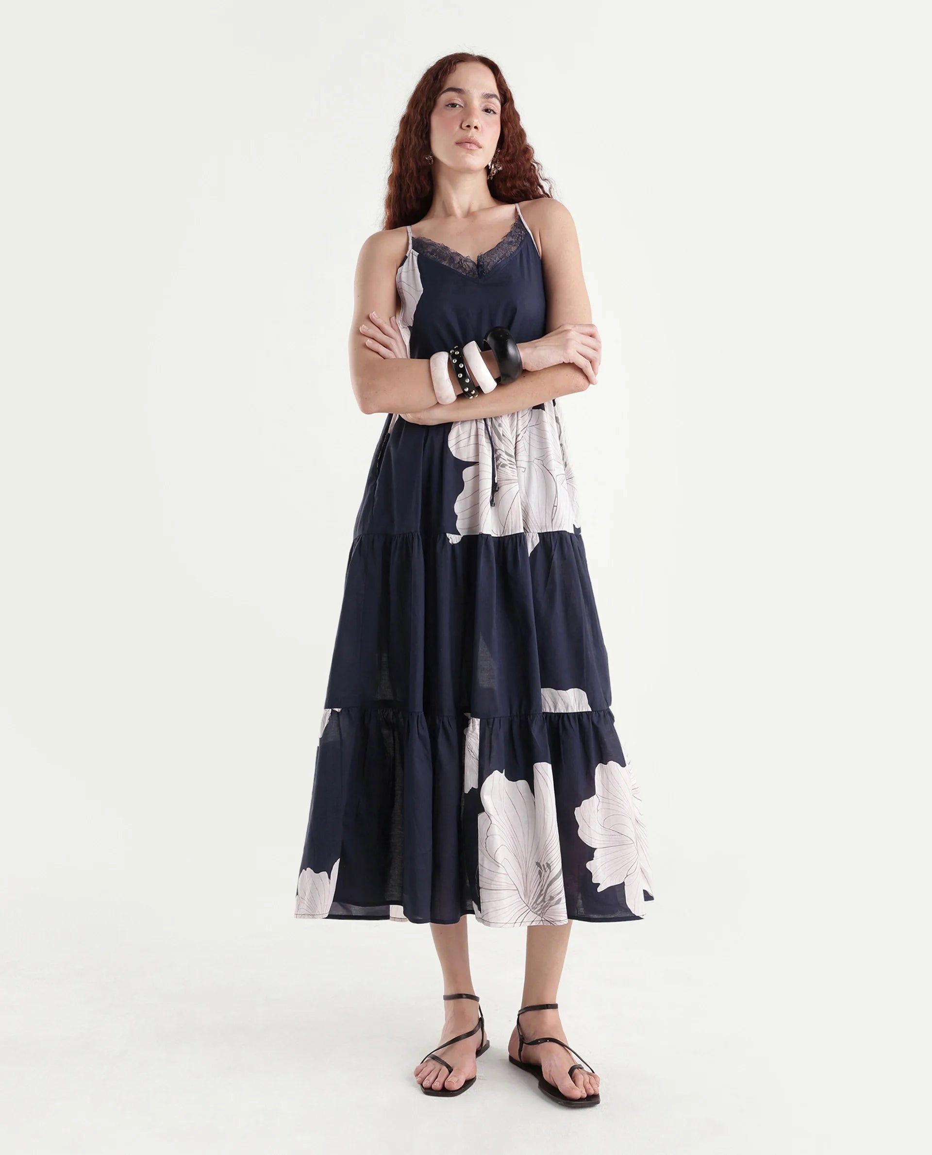 Rareism Women's Acker Navy Cotton V-Neck Floral Print Shoulder Strap Midi Relaxed Fit Dress