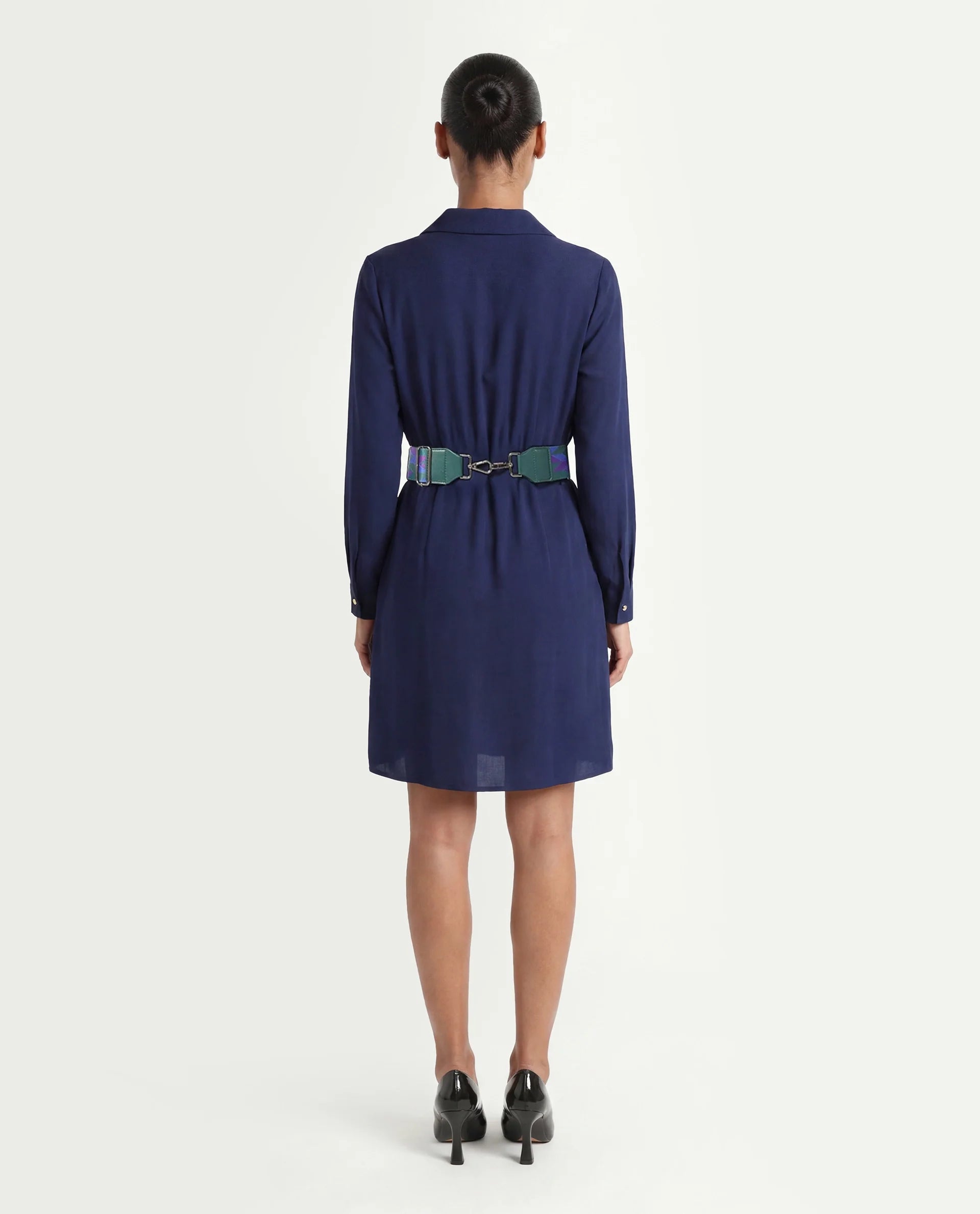 Rareism Women's Chsam Navy Polyester Blend Spread Collar Plain Maxi Regular Fit Dress
