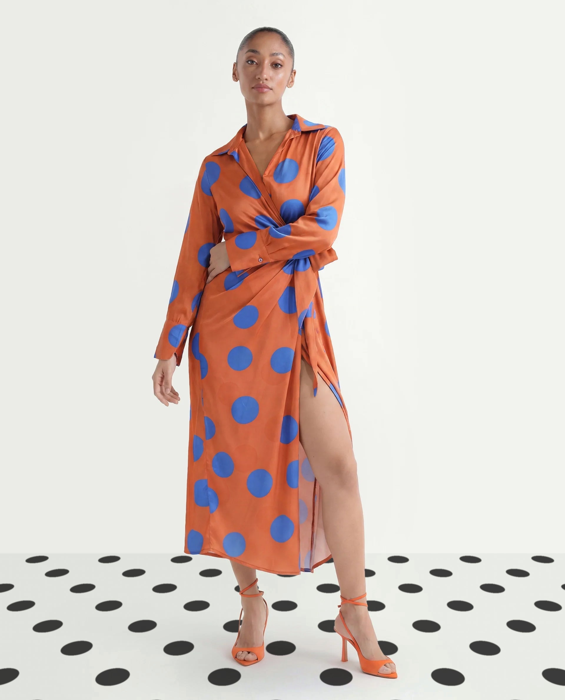 Rareism Women's Farben Dark Orange Polyester Spread Collar Polka Print Maxi Regular Fit Dress