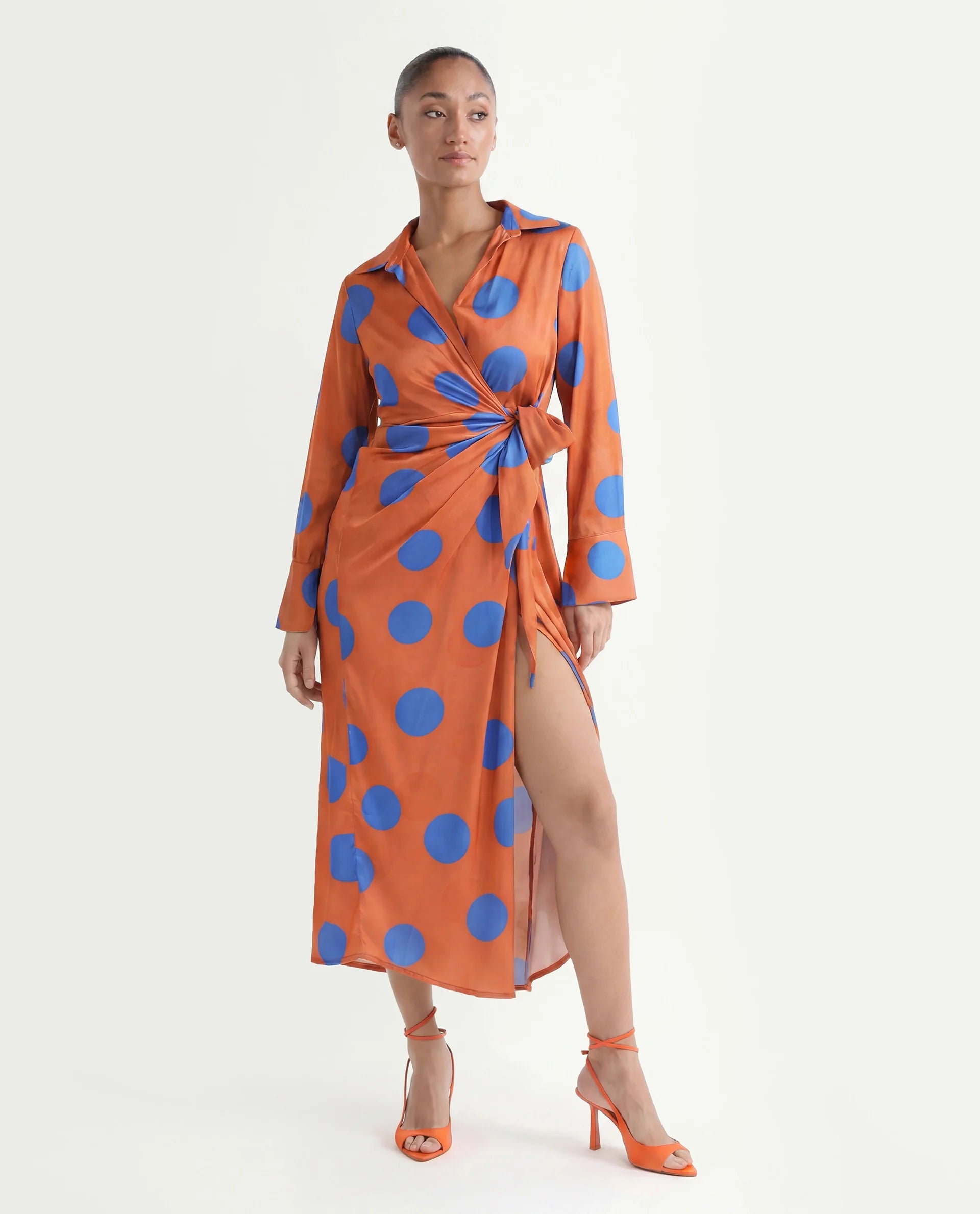 Rareism Women's Farben Dark Orange Polyester Spread Collar Polka Print Maxi Regular Fit Dress
