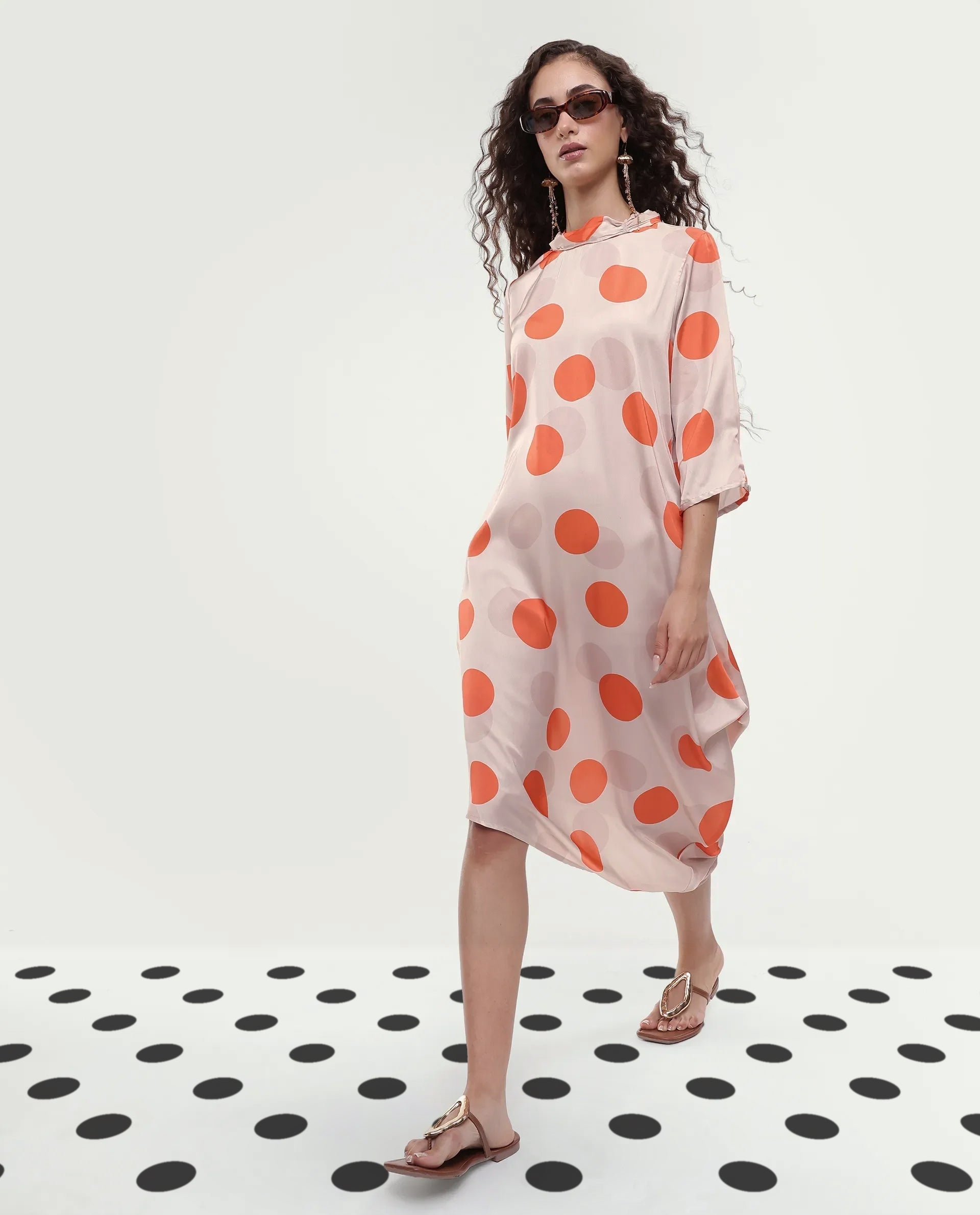 Rareism Women's Nia Light Beige Polyester High Neck Polka Print Midi Relaxed Fit Dress