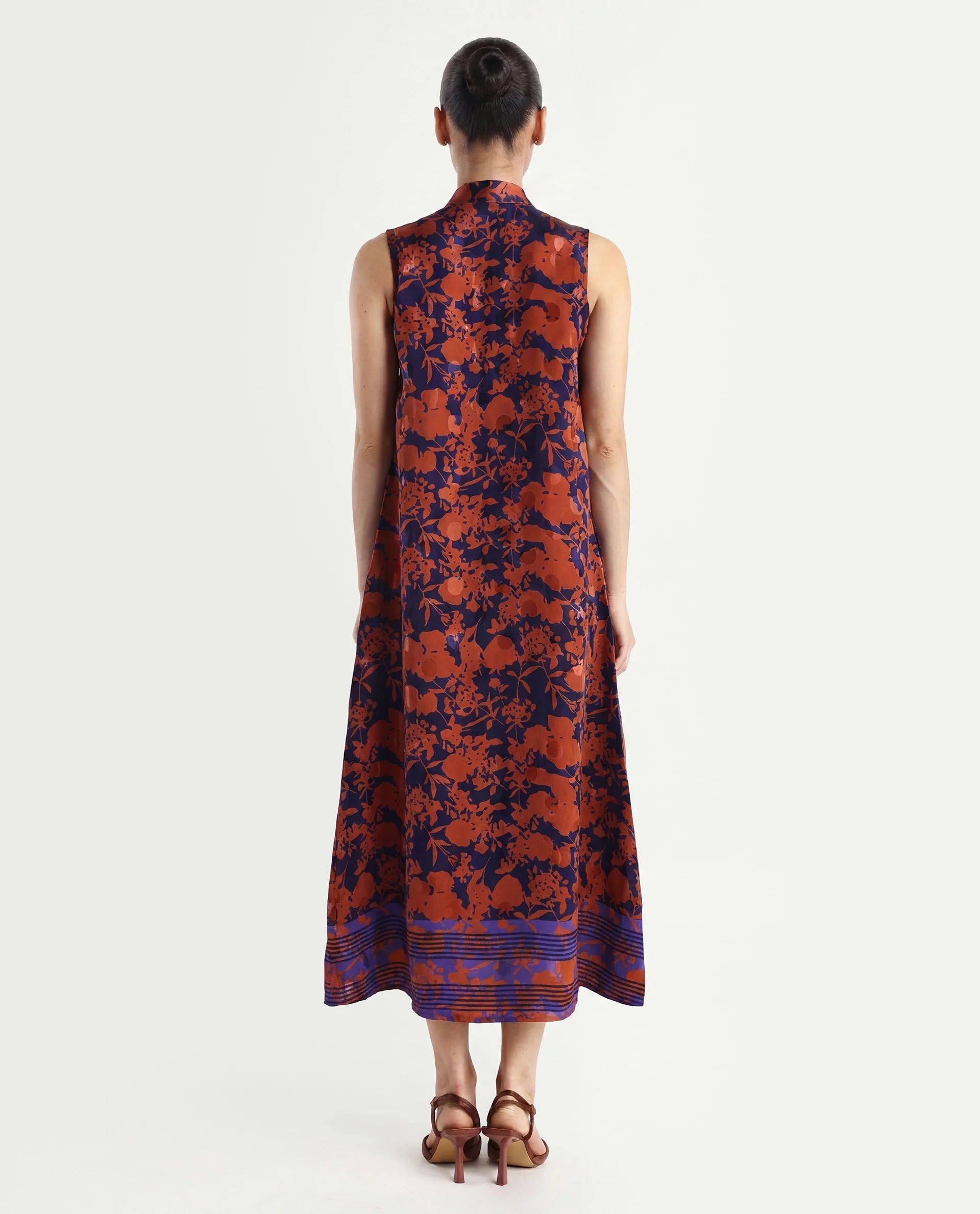 Rareism Women's Ellu Brown Polyester Tie-Up Neck Floral Print Sleeveless Knee Length Regular Fit Dress