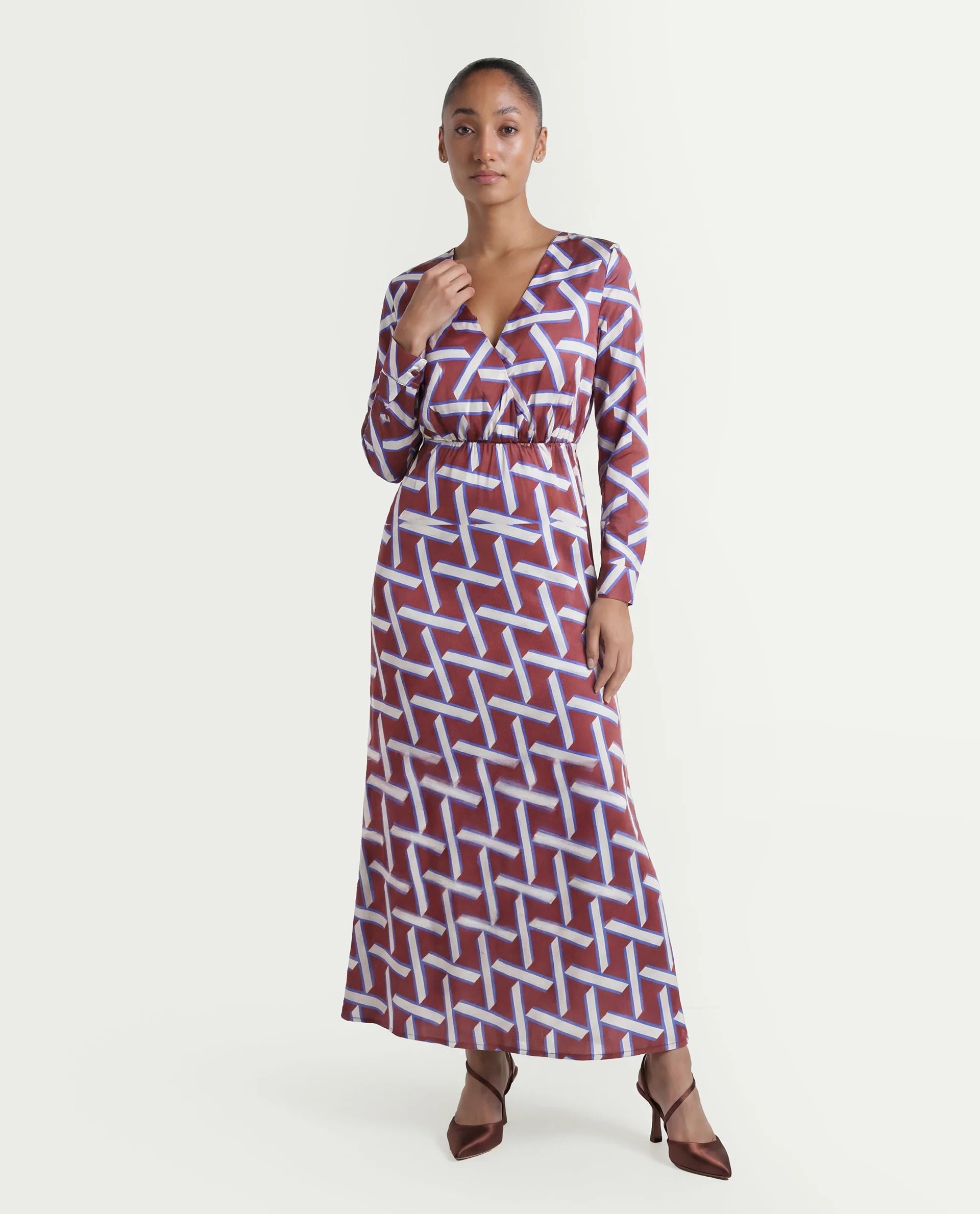 Rareism Women's Phara Brown Polyester V-Neck Geometric Print Maxi Regular Fit Dress