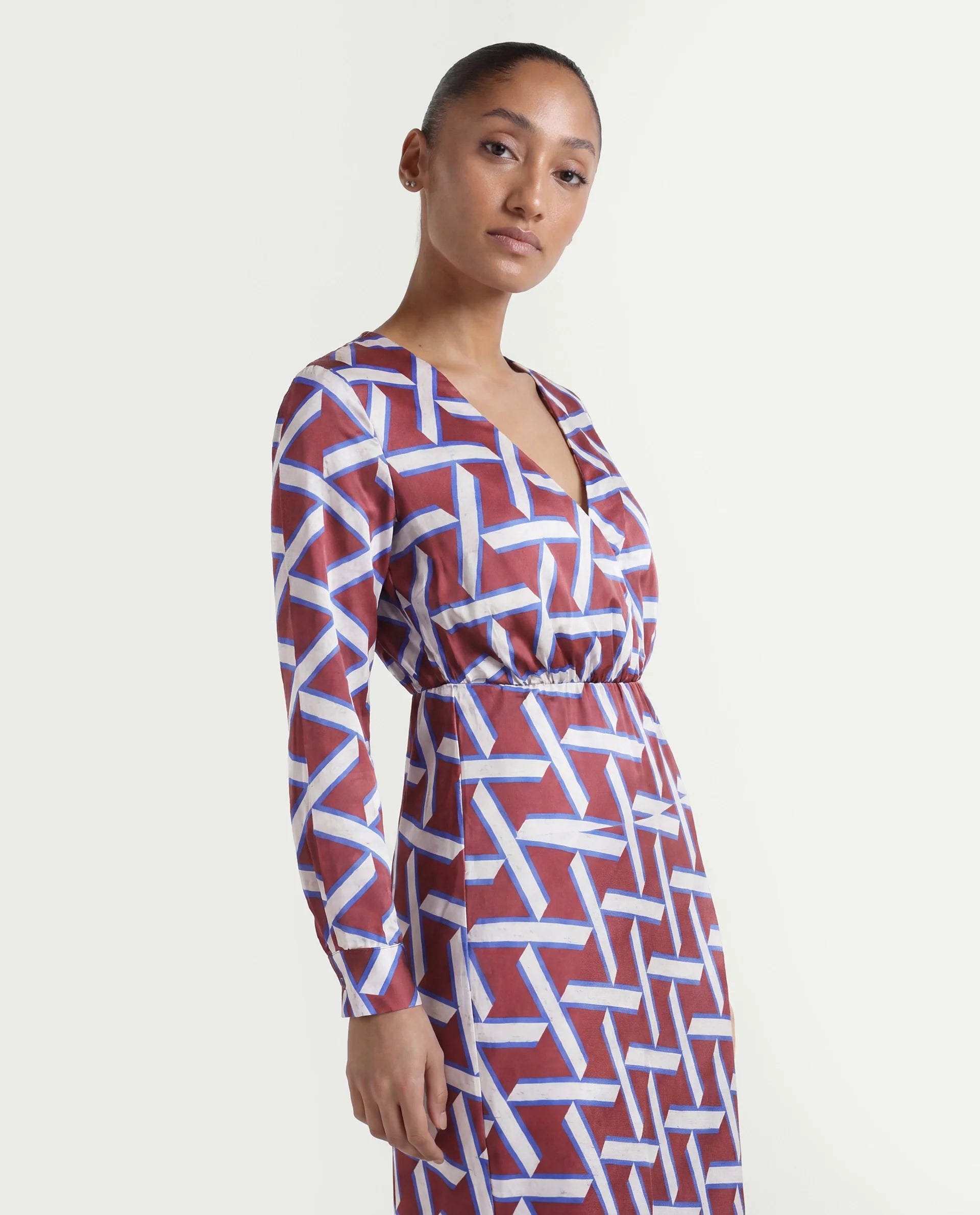 Rareism Women's Phara Brown Polyester V-Neck Geometric Print Maxi Regular Fit Dress