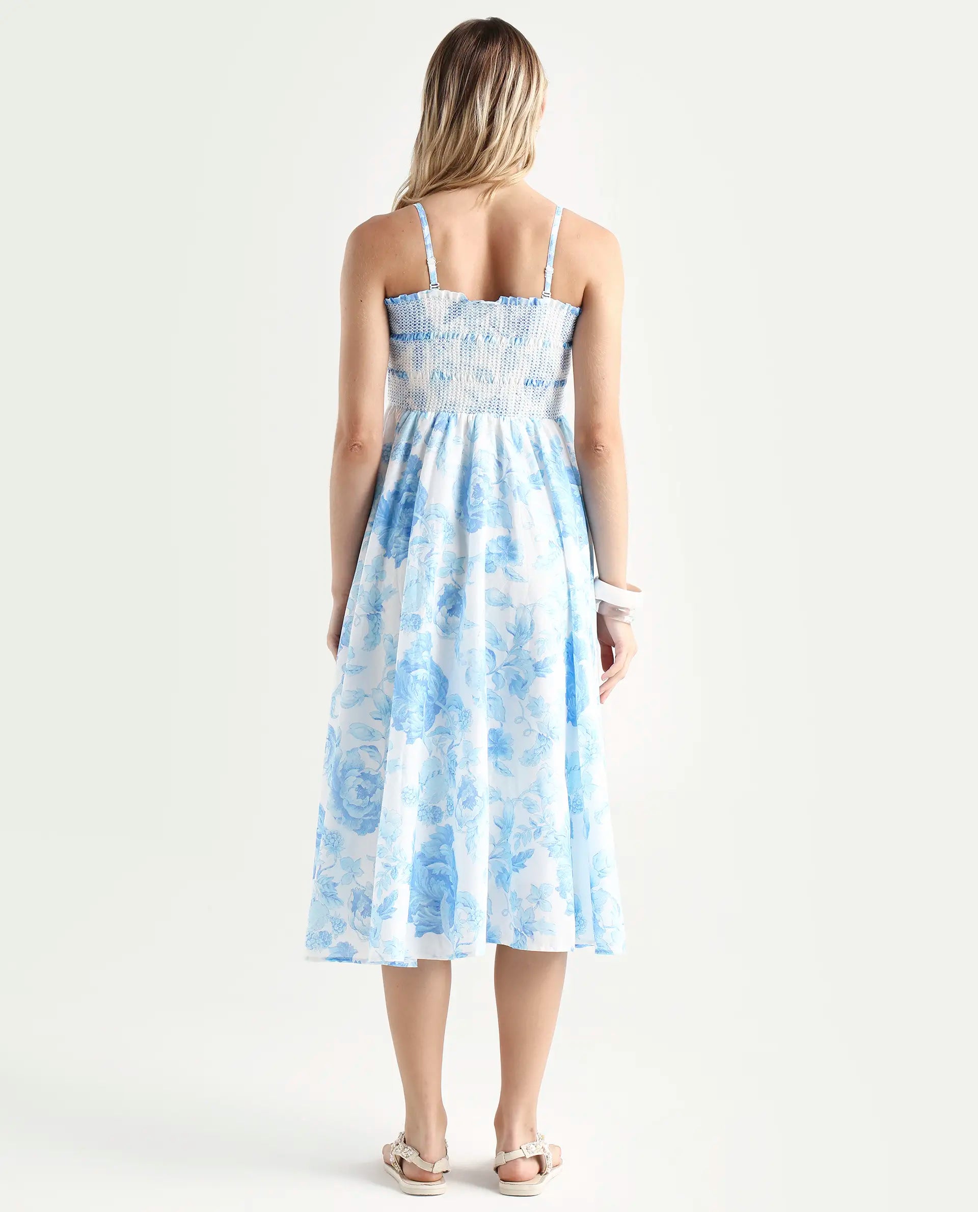 Rareism Women's Rosen Light Blue Cotton Tube Neck Floral Print Shoulder Strap Maxi Fit And Flare Dress