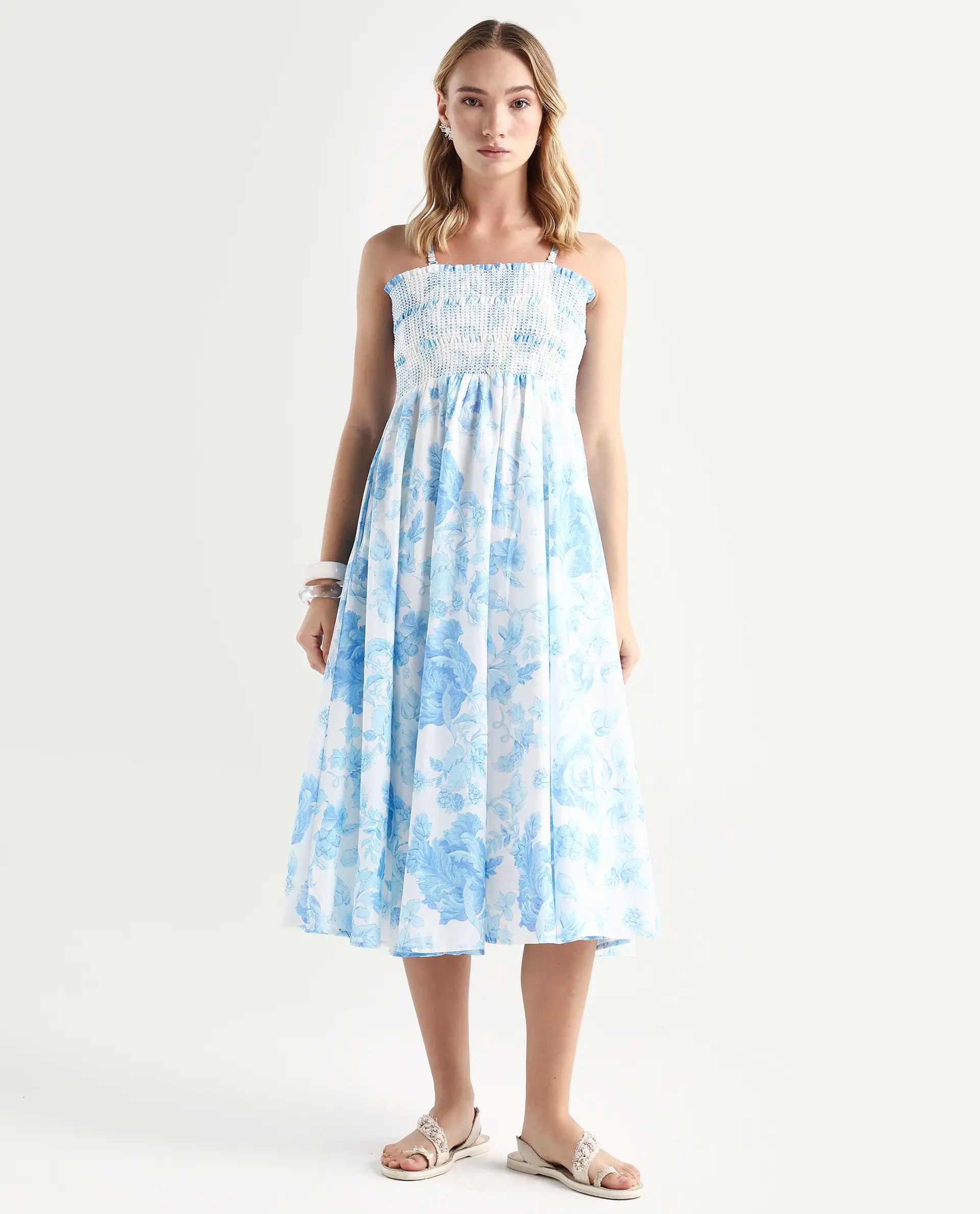Rareism Women's Rosen Light Blue Cotton Tube Neck Floral Print Shoulder Strap Maxi Fit And Flare Dress