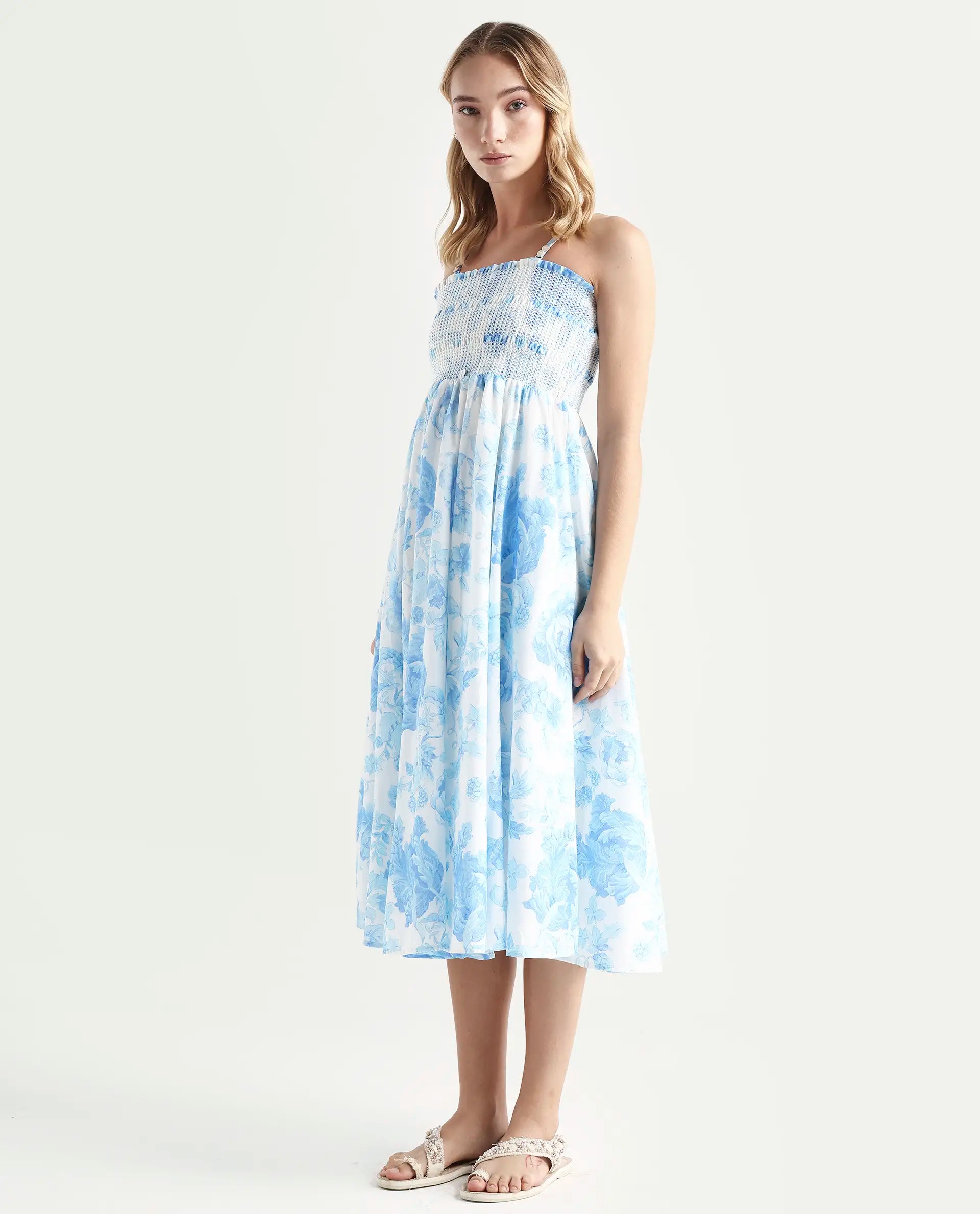 Rareism Women's Rosen Light Blue Cotton Tube Neck Floral Print Shoulder Strap Maxi Fit And Flare Dress