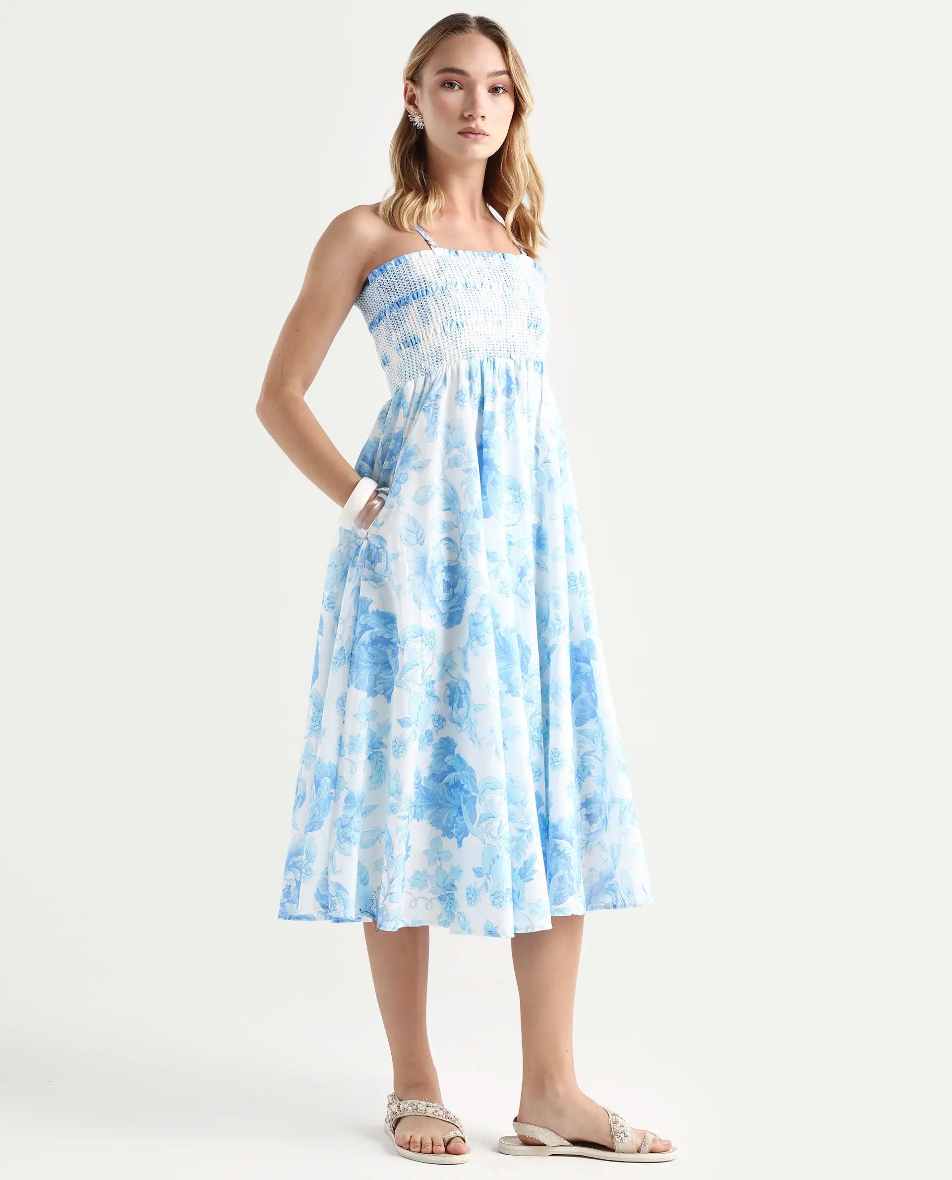 Rareism Women's Rosen Light Blue Cotton Tube Neck Floral Print Shoulder Strap Maxi Fit And Flare Dress