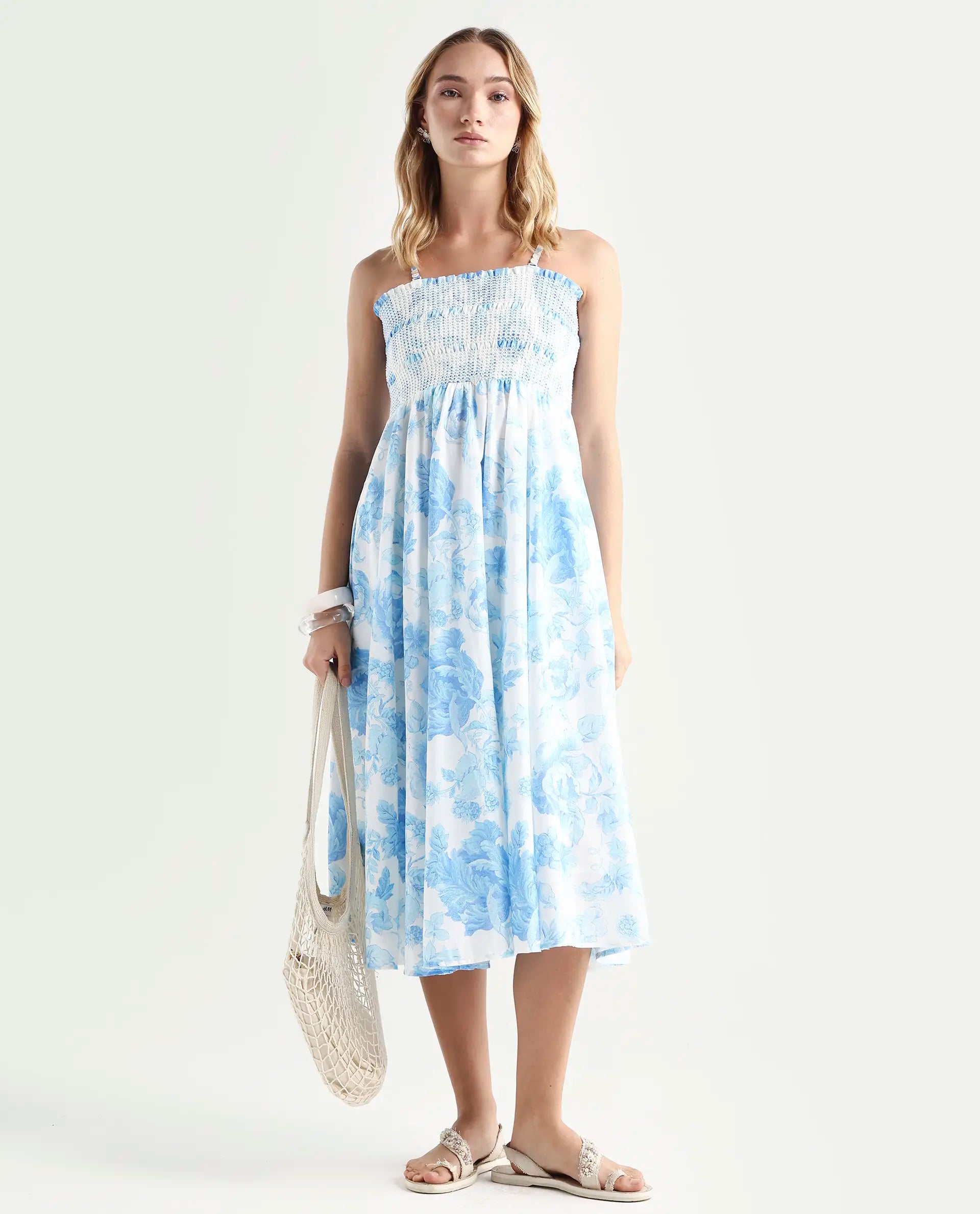 Rareism Women's Rosen Light Blue Cotton Tube Neck Floral Print Shoulder Strap Maxi Fit And Flare Dress