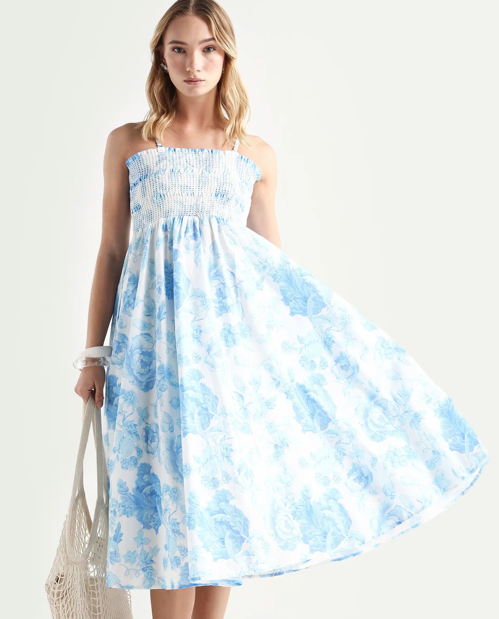 Rareism Women's Rosen Light Blue Cotton Tube Neck Floral Print Shoulder Strap Maxi Fit And Flare Dress