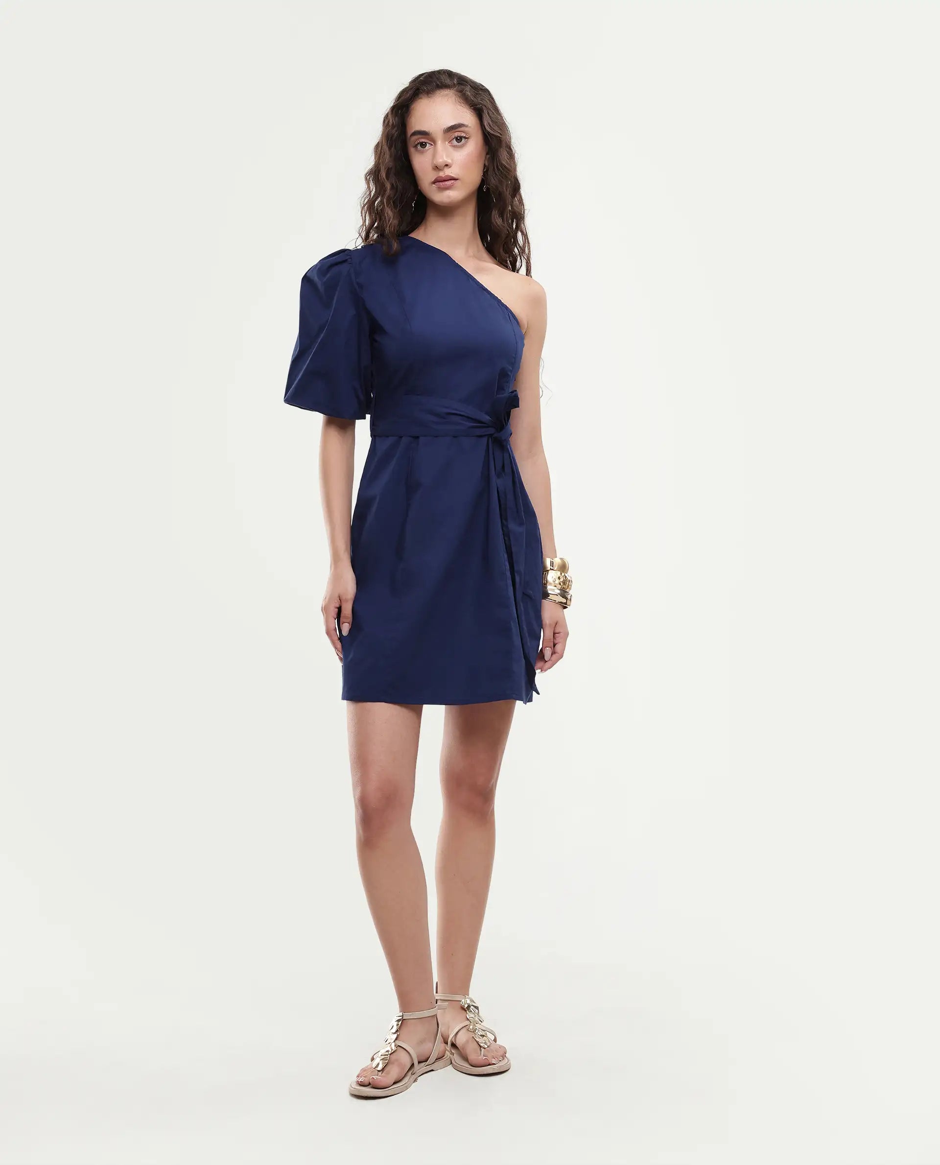 Rareism Women's Rotler Navy Cotton Blend One Shoulder Plain Puff Sleeves Mini Regular Fit Dress