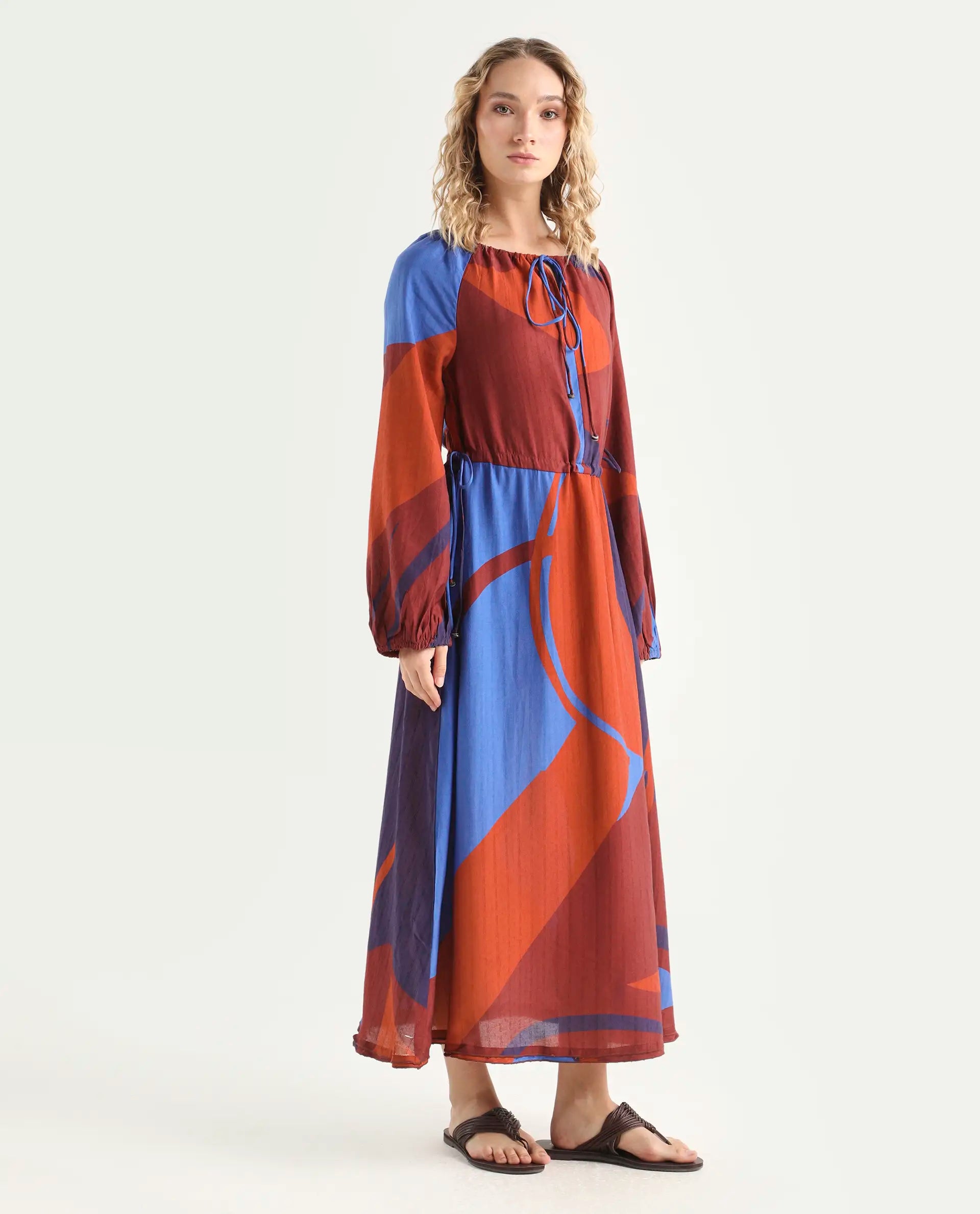 Rareism Women's Telor Brown Polyester Sweetheart Neck Abstract Print Balloon Sleeve Maxi Regular Fit Dress