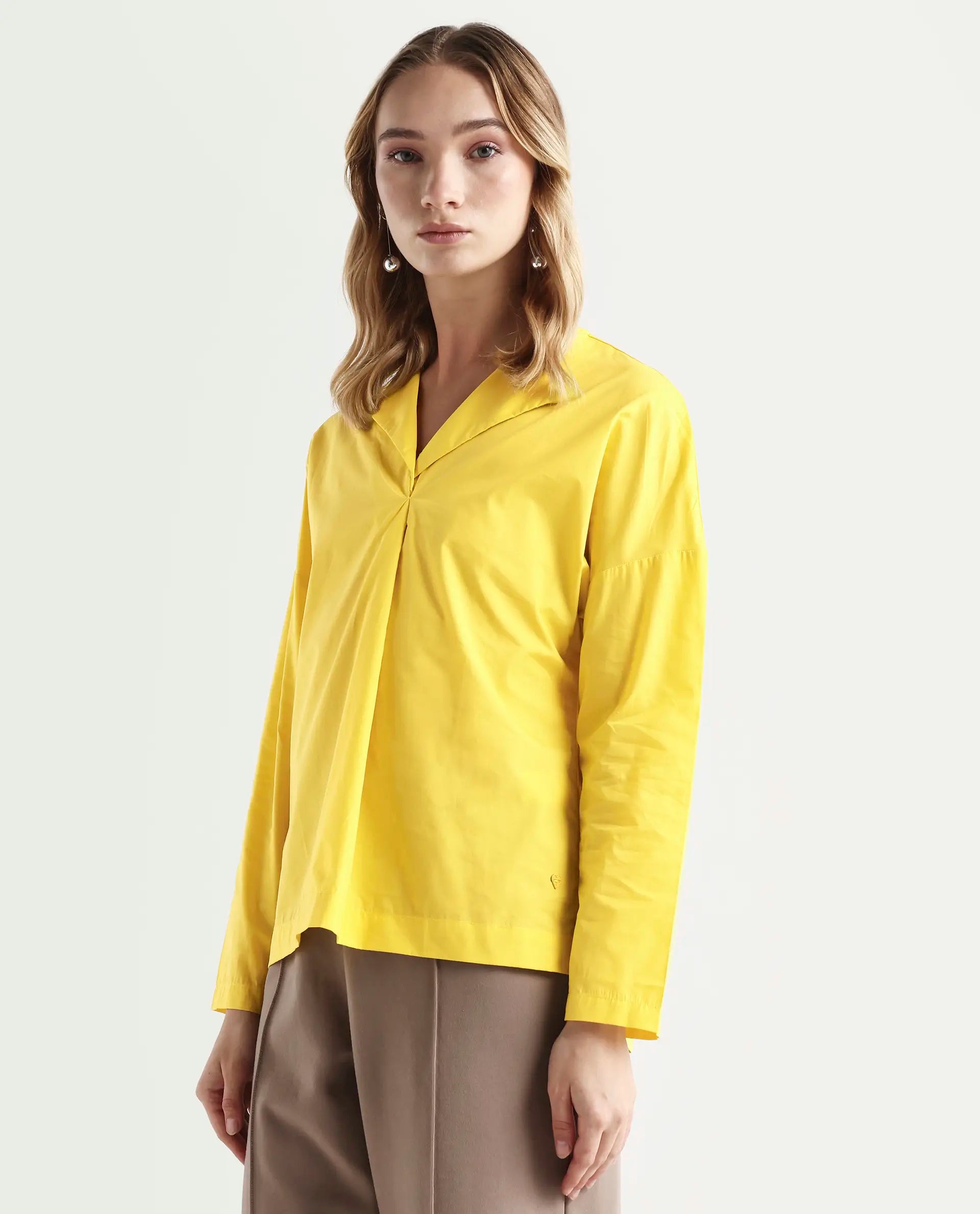 Rareism Women's Berge Yellow Polyester Lapel Neck Plain Regular Fit Top