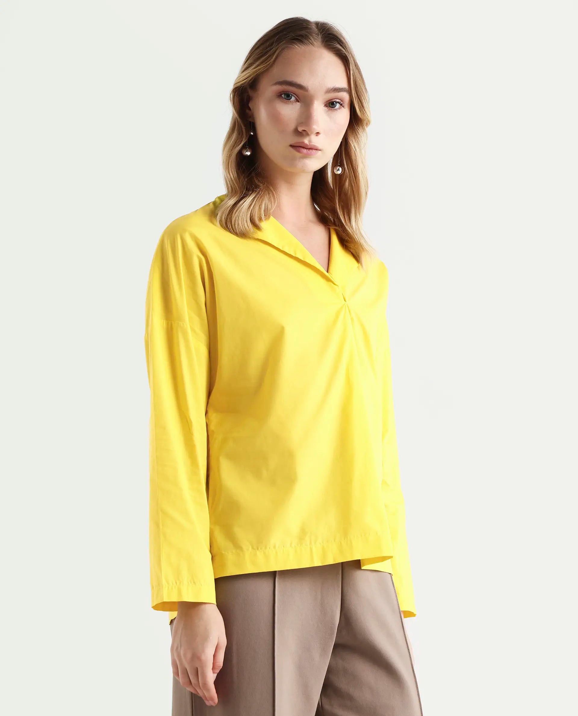 Rareism Women's Berge Yellow Polyester Lapel Neck Plain Regular Fit Top