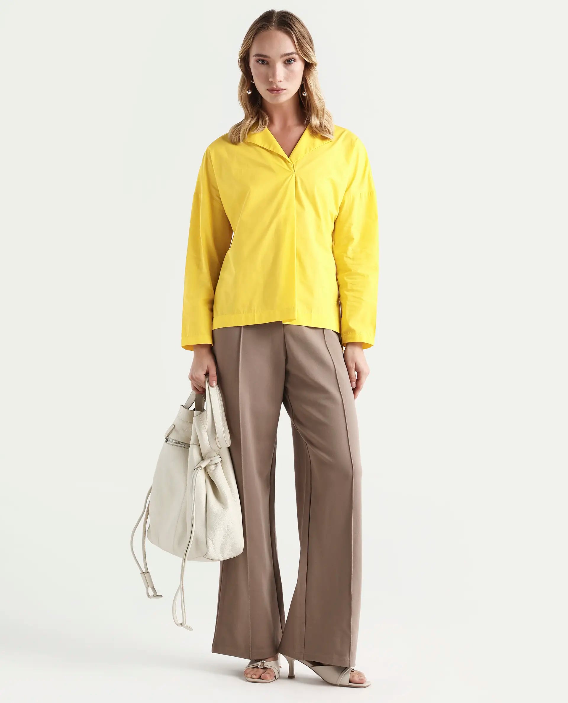 Rareism Women's Berge Yellow Polyester Lapel Neck Plain Regular Fit Top