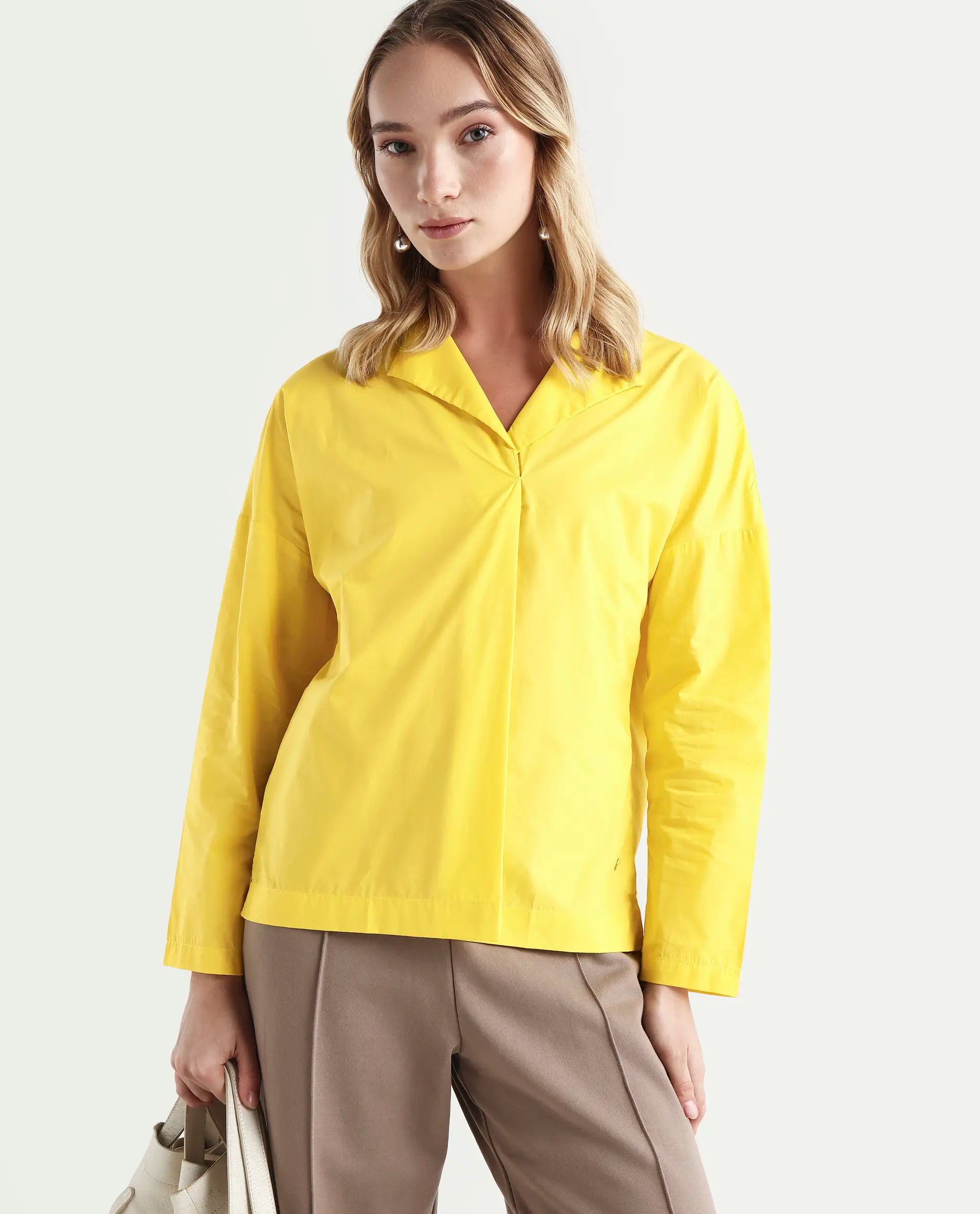 Rareism Women's Berge Yellow Polyester Lapel Neck Plain Regular Fit Top