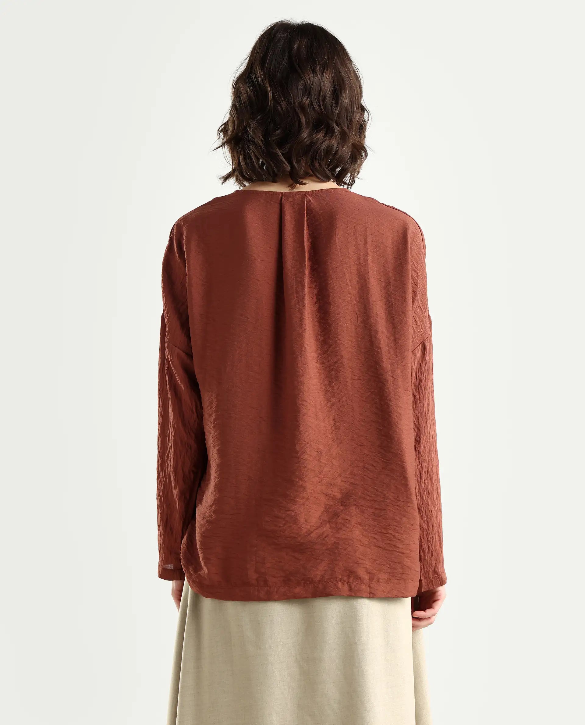 Rareism Women's Drap Brown Viscose Blend Lapel Neck Relaxed Fit Plain Top