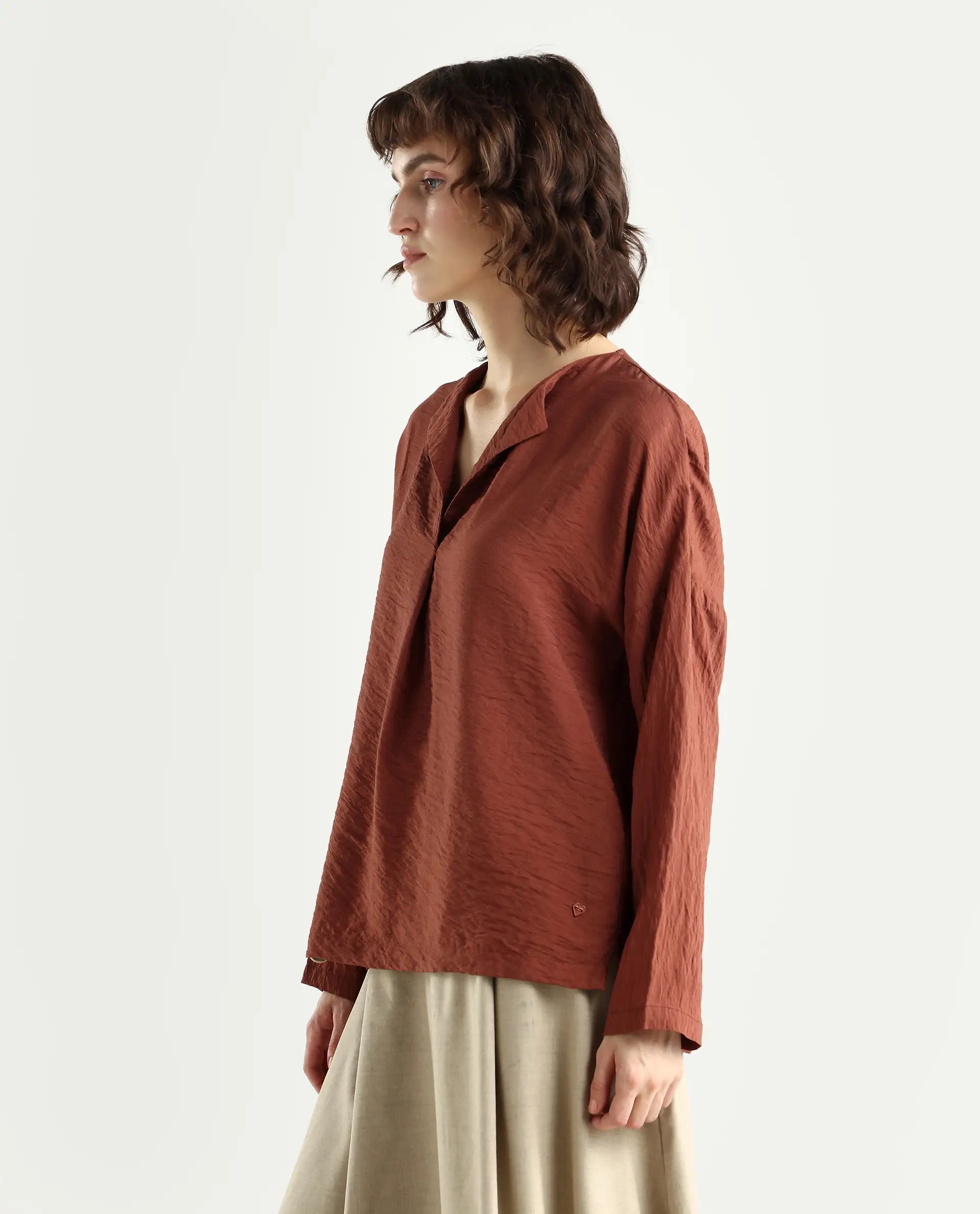 Rareism Women's Drap Brown Viscose Blend Lapel Neck Relaxed Fit Plain Top