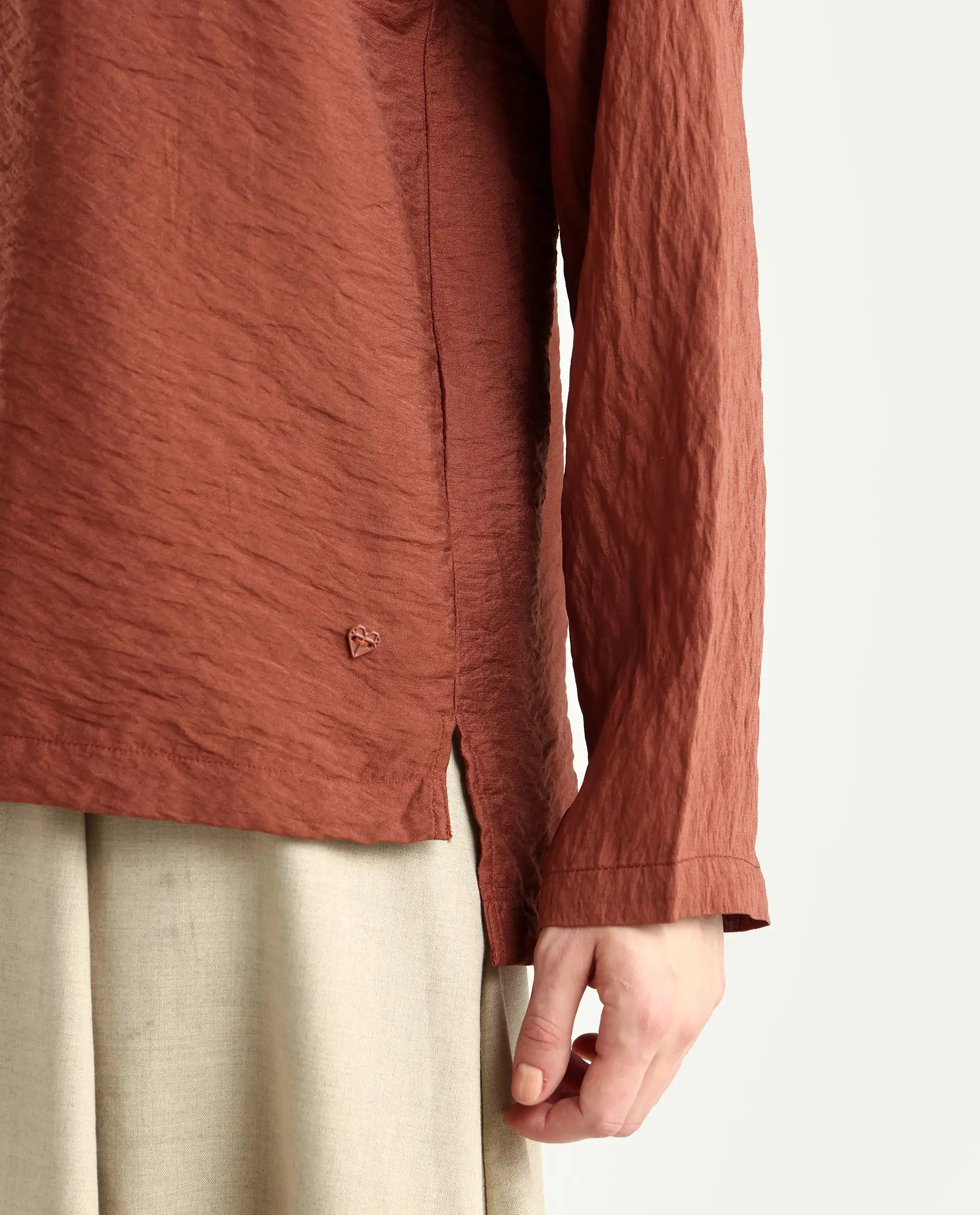 Rareism Women's Drap Brown Viscose Blend Lapel Neck Relaxed Fit Plain Top