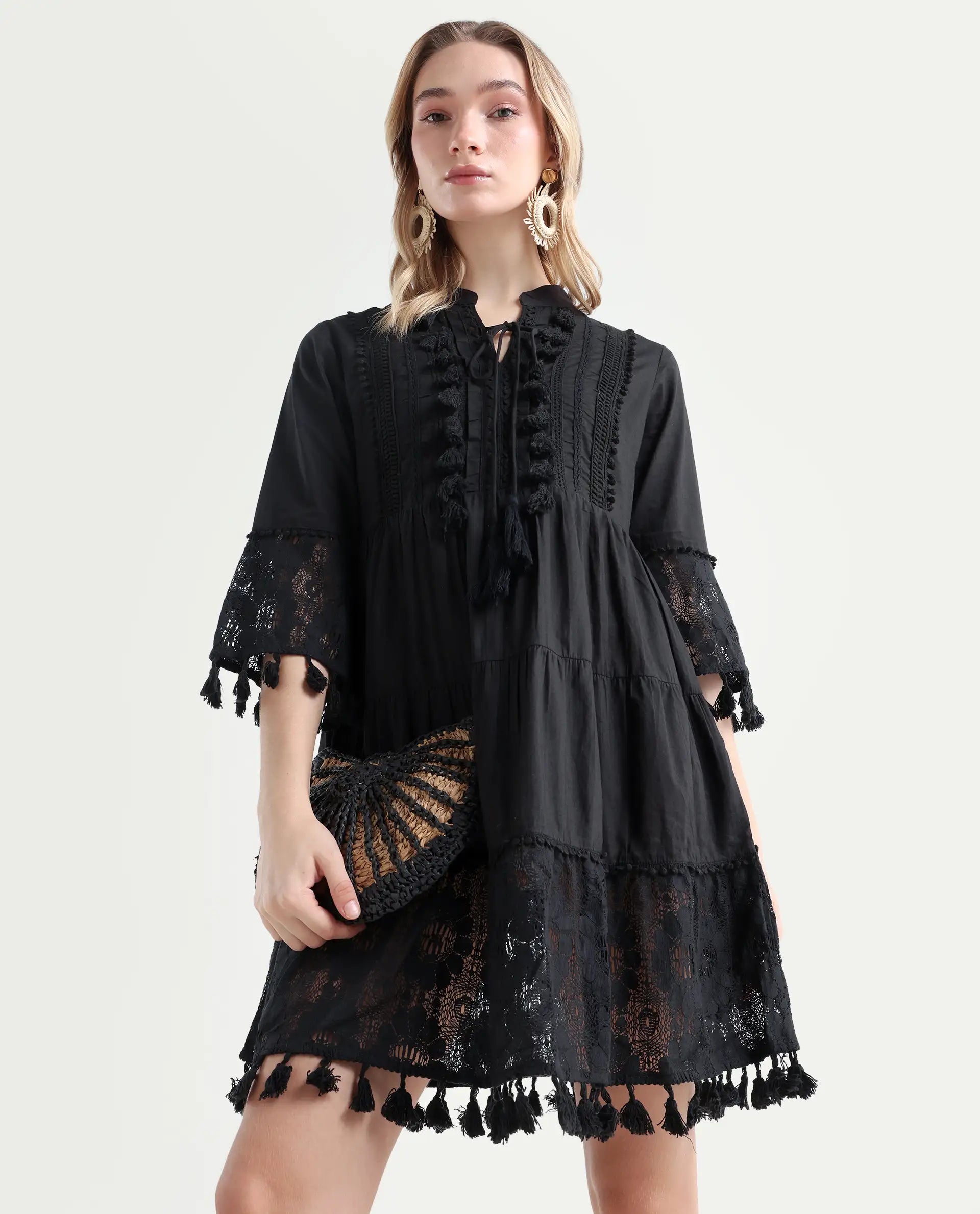 Rareism Women's Andarin Black Cotton Tie-Up Neck Plain Bell Sleeve Knee Length Regular Fit Dress