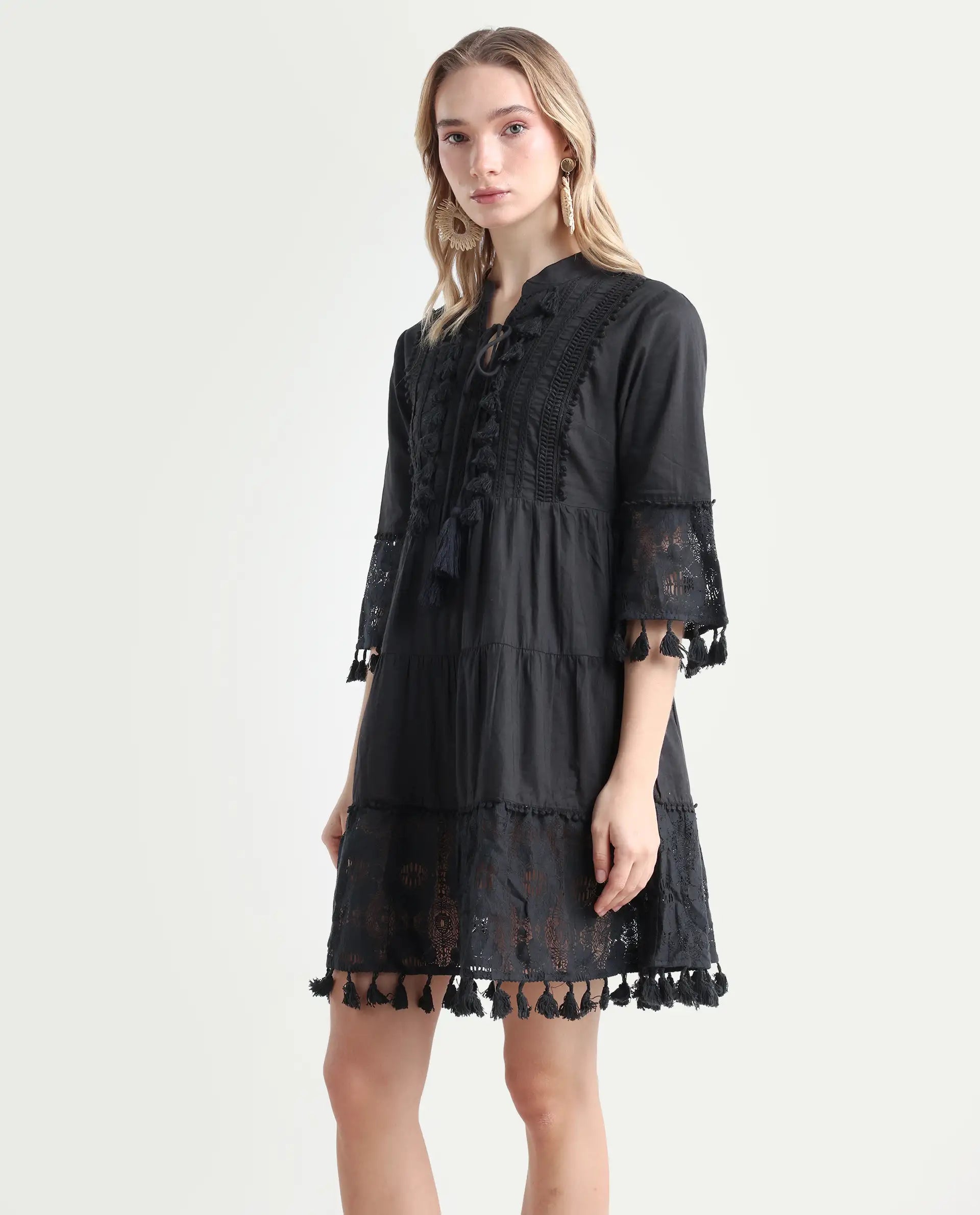 Rareism Women's Andarin Black Cotton Tie-Up Neck Plain Bell Sleeve Knee Length Regular Fit Dress