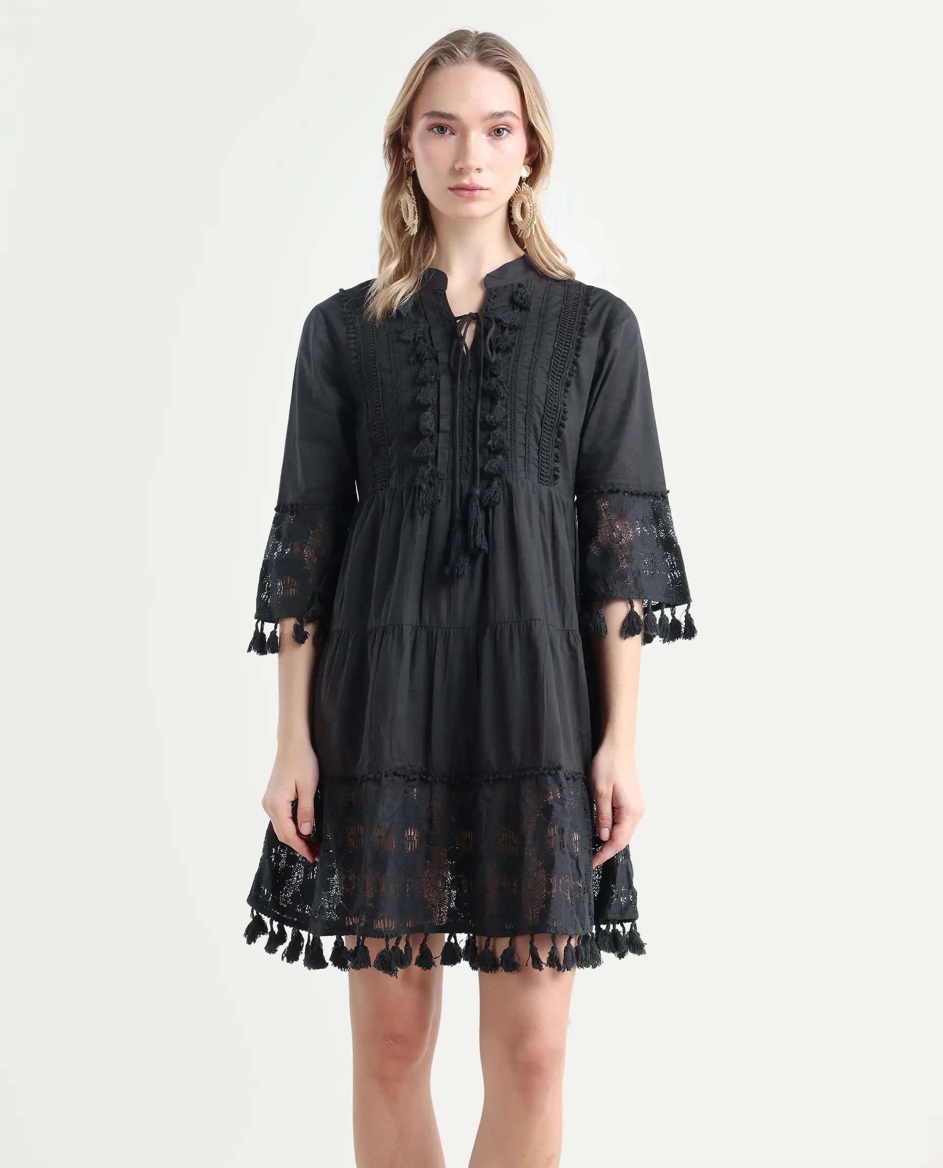 Rareism Women's Andarin Black Cotton Tie-Up Neck Plain Bell Sleeve Knee Length Regular Fit Dress